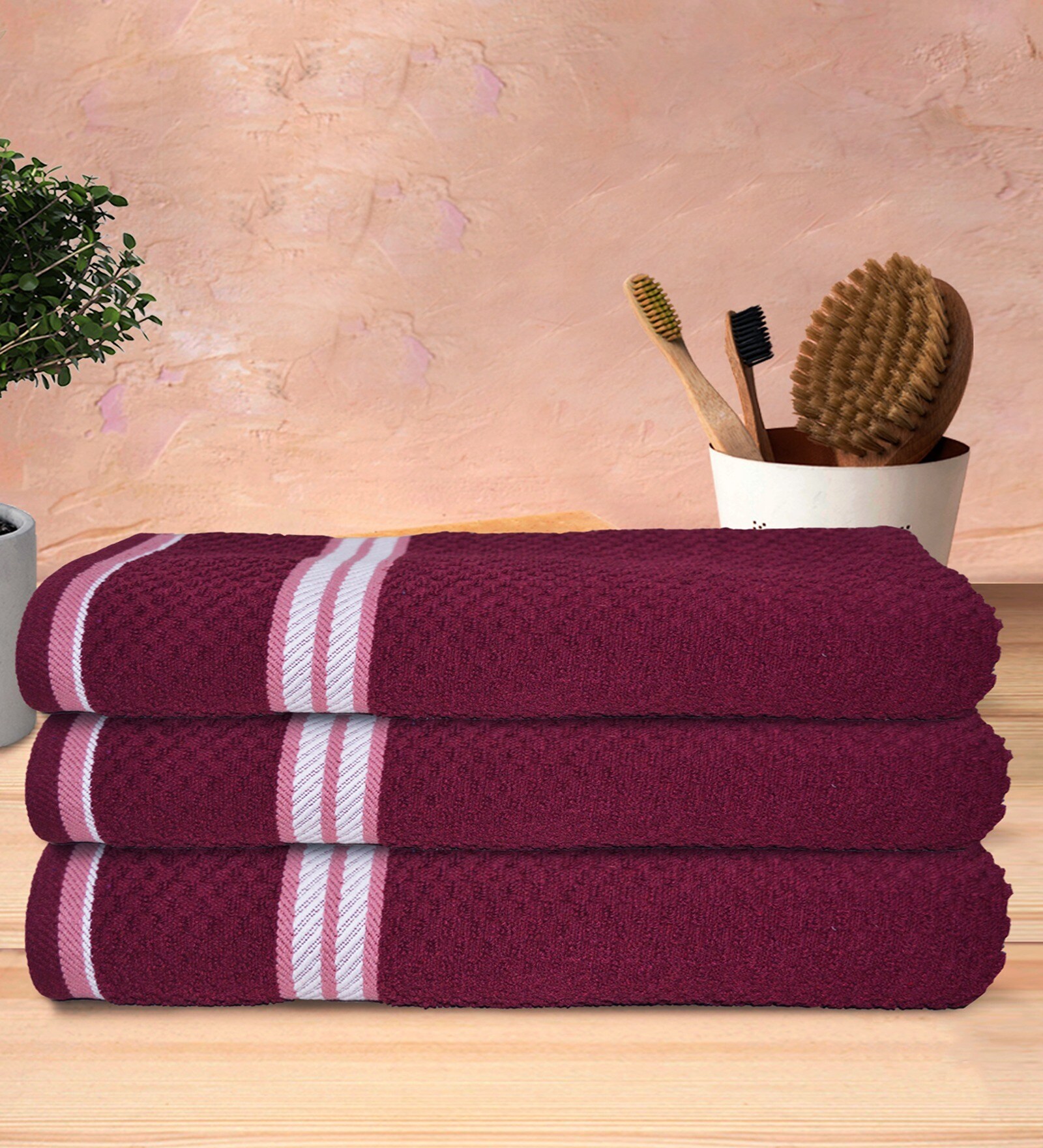 Maroon 100% Cotton Patterned 400 GSM Bath Towels (set of 3)