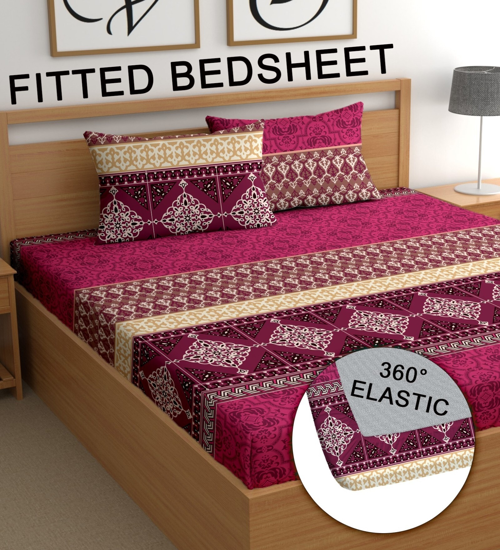 Maroon 180 TC Abstract Cotton Fitted Double Bedsheet 2 Pillow covers