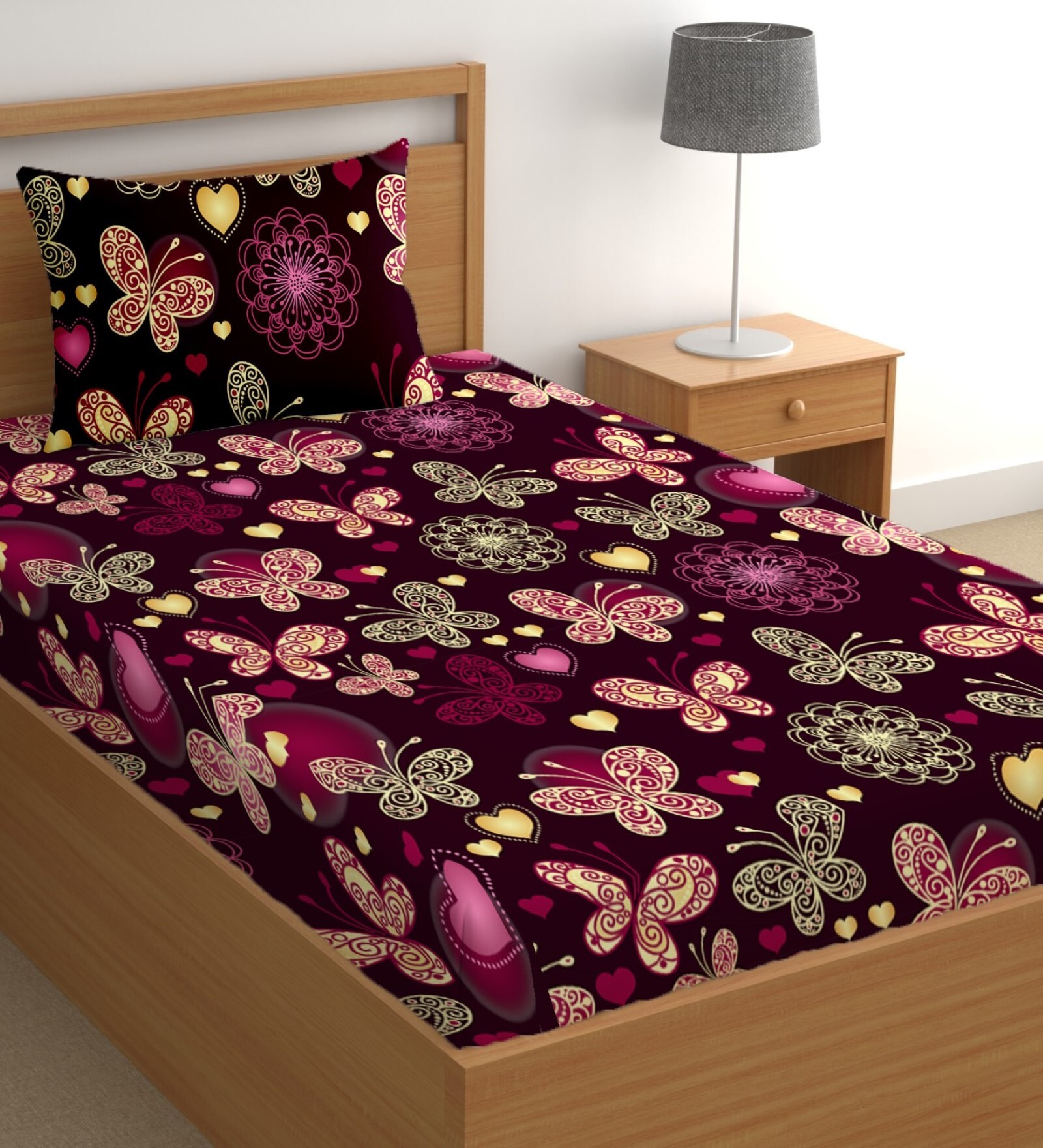 Maroon 180 TC Floral Cotton Single Bedsheet Pillow covers