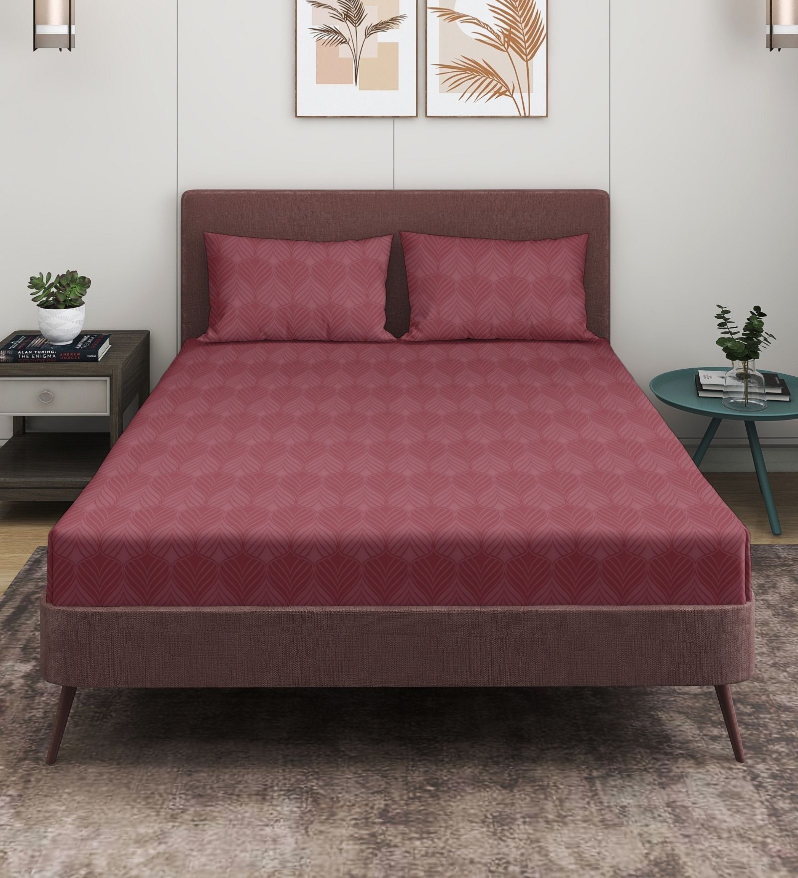 Maroon 280 TC Glace Cotton Fitted Bedsheet With Embossed Leaf Pattern
