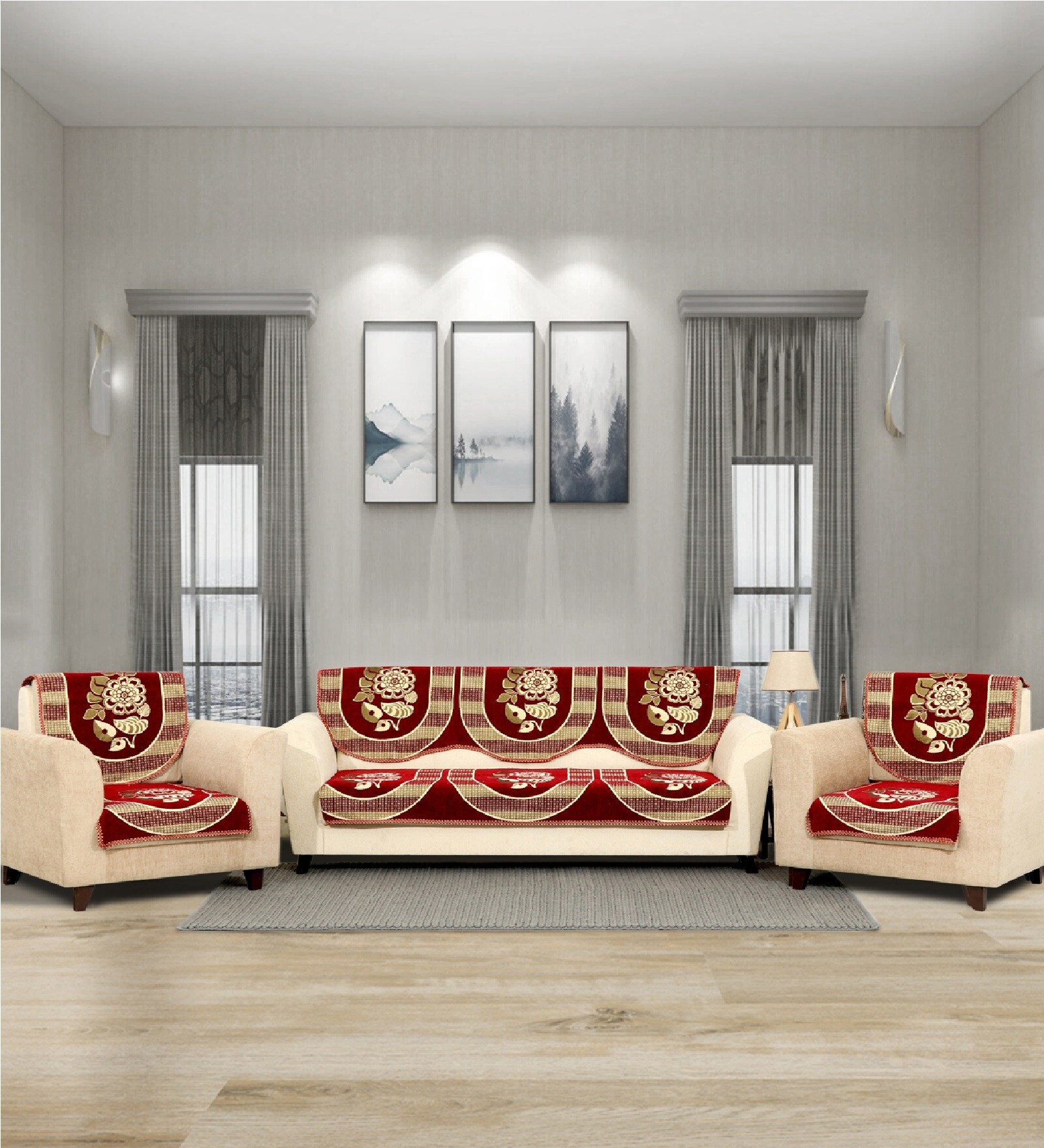 Maroon 5 Seater Floral 10Pcs Sofa Covers