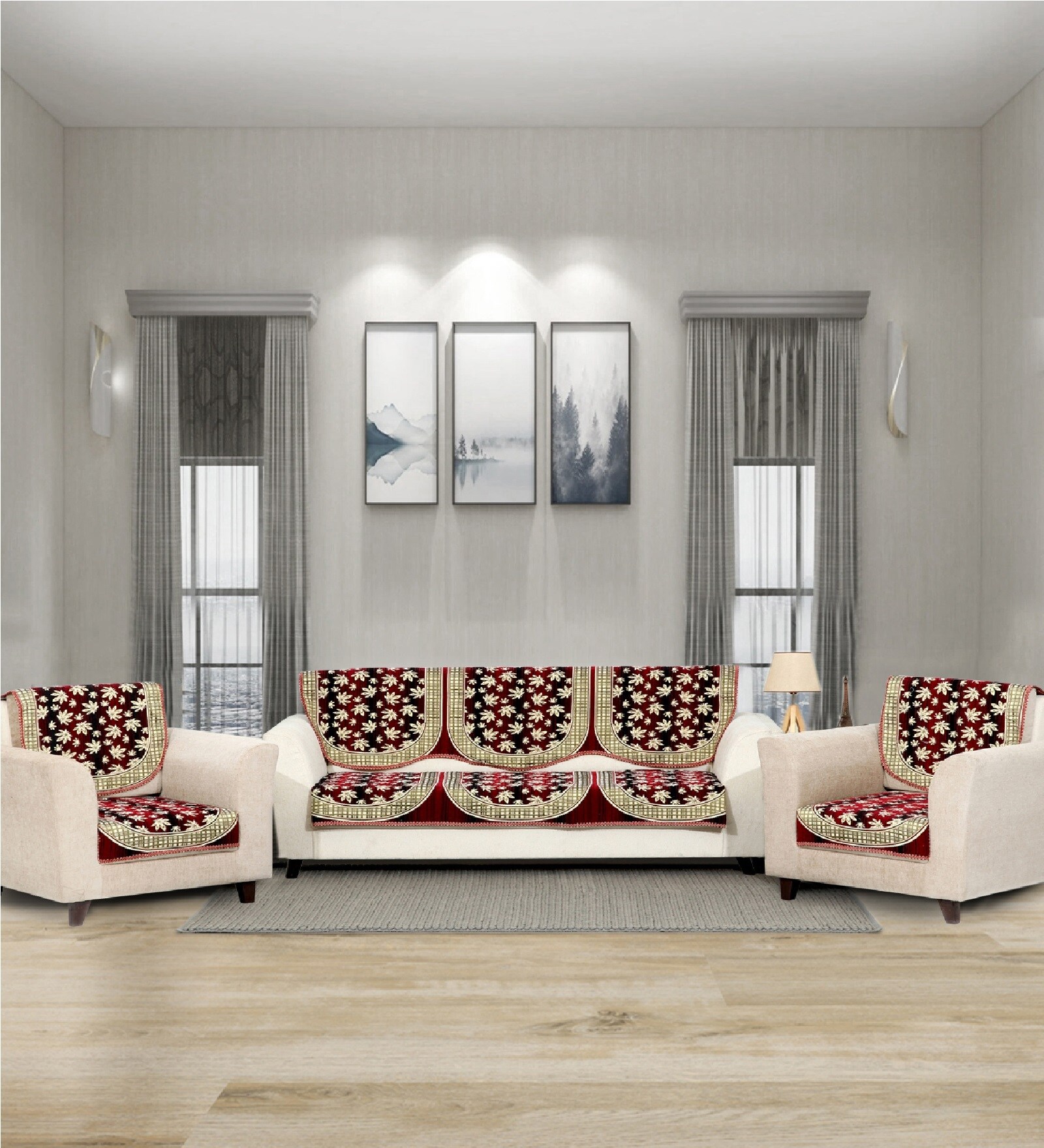 Maroon 5 Seater Polka Dot 10Pcs Sofa Covers