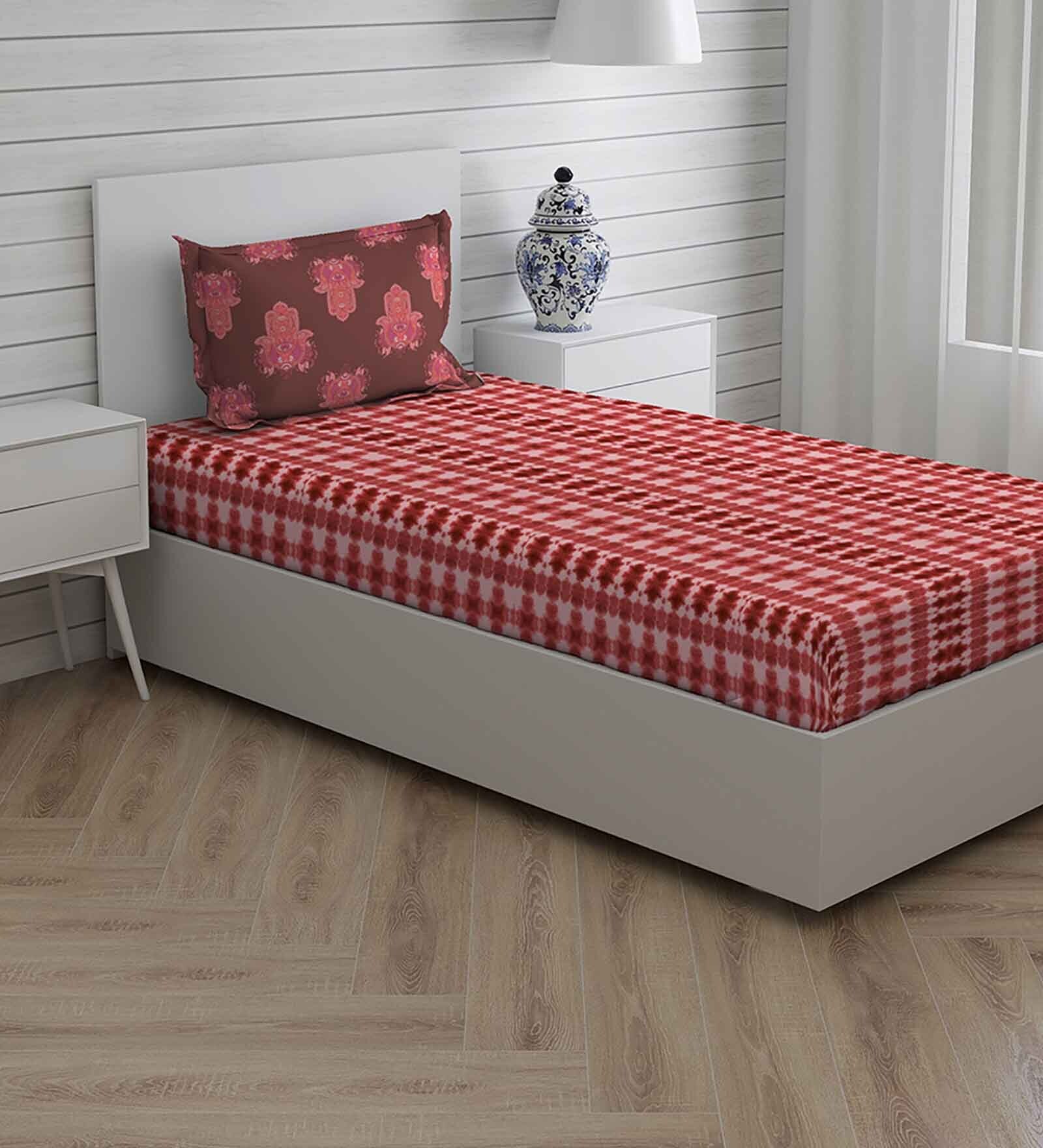 Maroon Abstract 150 TC Cotton Single Bed Sized Bed Sheets With 1 Pillow Cover