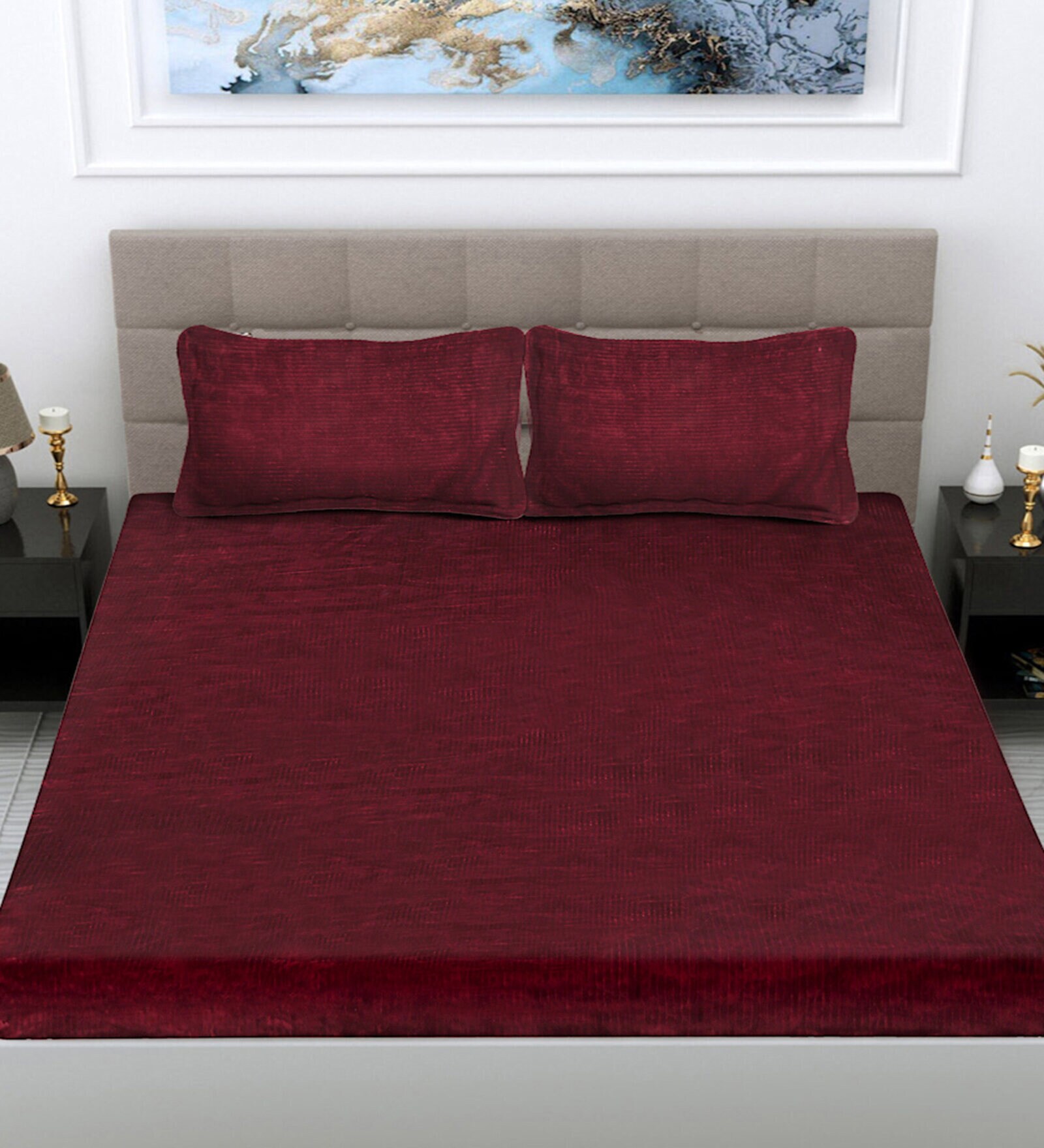 Buy Maroon Solid 300 TC Woollen Woollen Fitted Double Bedsheet with 2