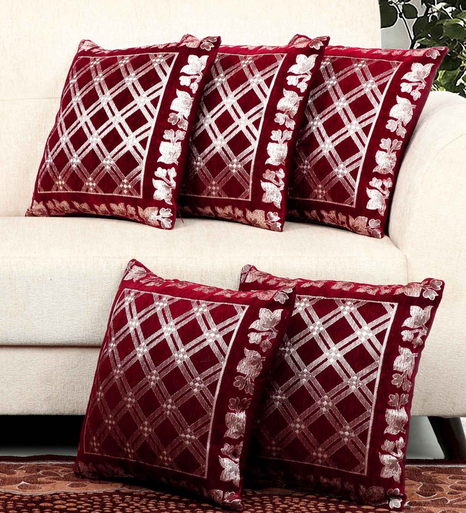 Maroon Abstract Chenille  16 X 16 Inches Cushion Cover (Set of 5)