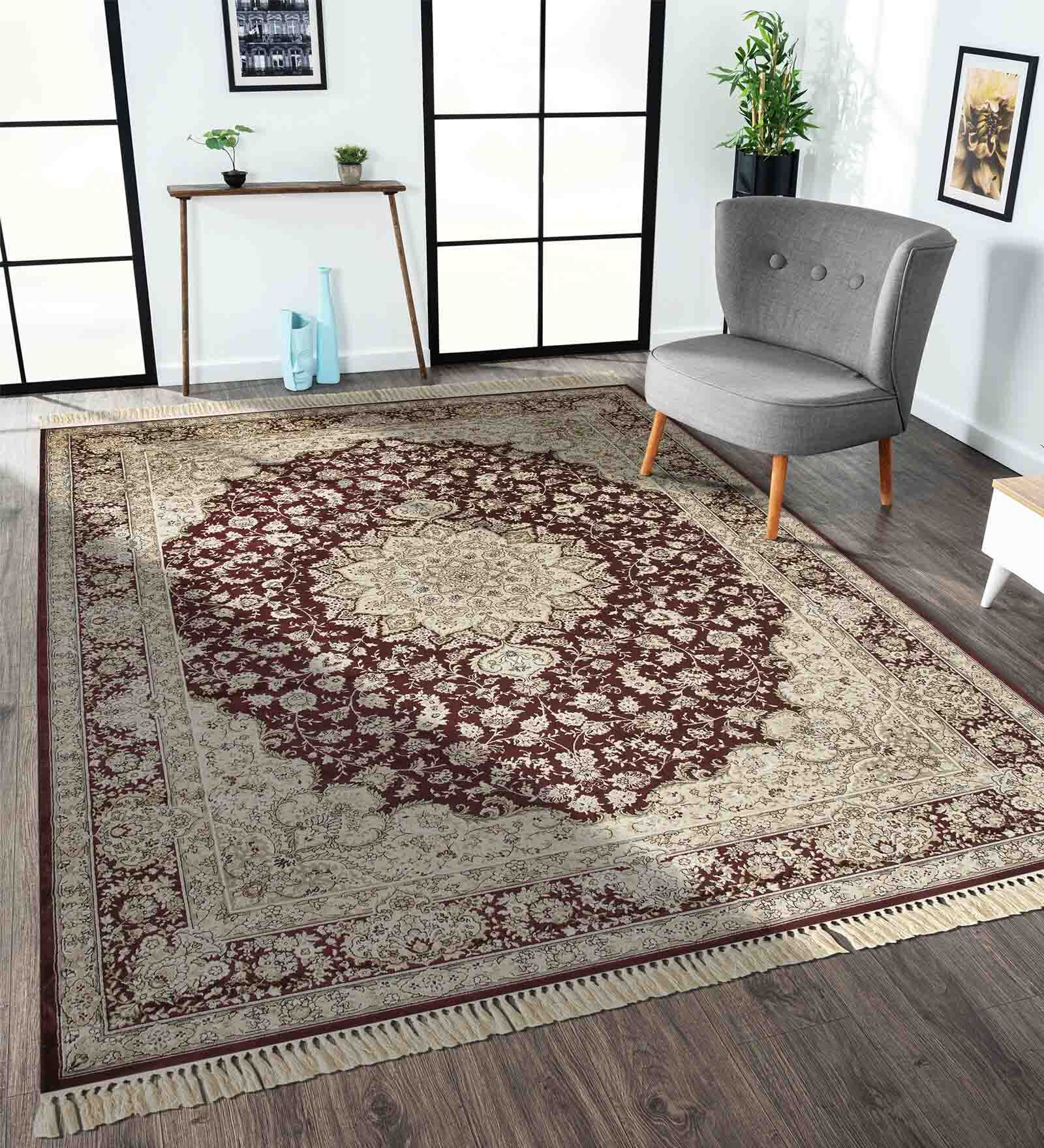 Maroon and Beige Persian 3x5 Feet Machine Made Carpet