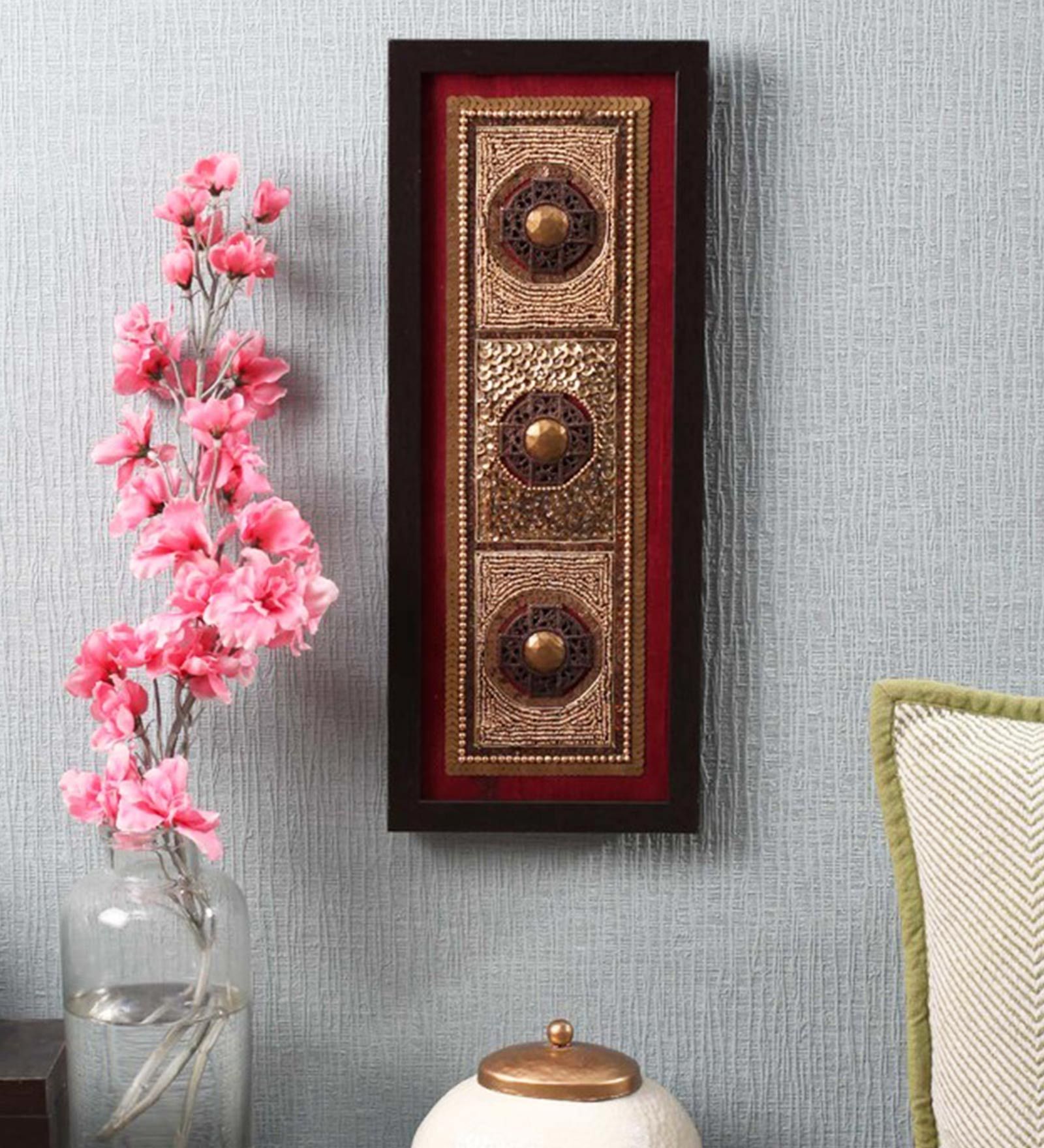 Red & Brown Beads Raw Silk Framed Wall Art