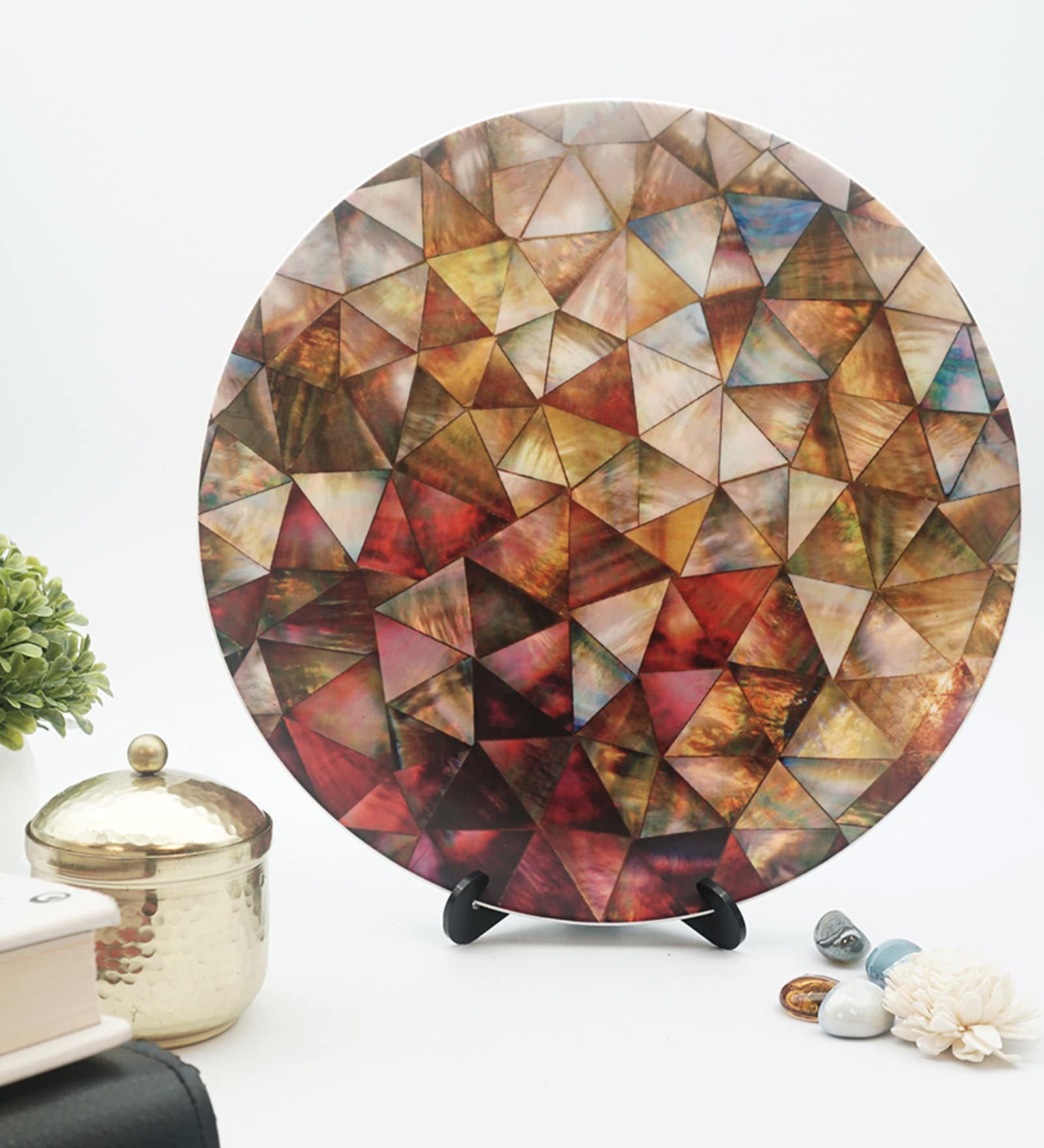 Maroon Ceramic Nacre Mother Of Pearl Decorative Plate Showpiece