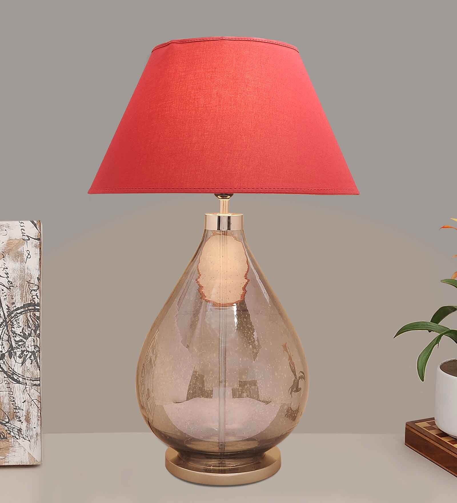 George Maroon Cotton Shade Night Lamp With Metal & Glass Base