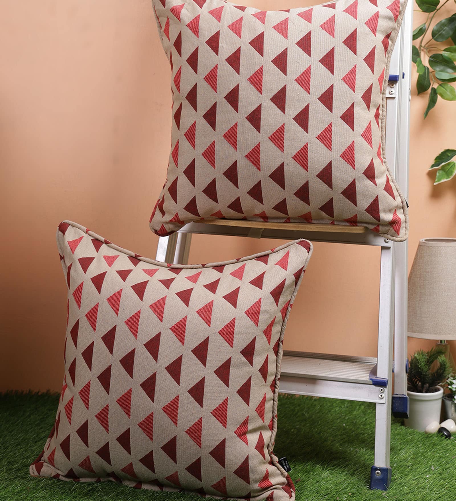Maroon Geometric Cotton 18 x 18 Inches Cushion Covers (Set of 2)