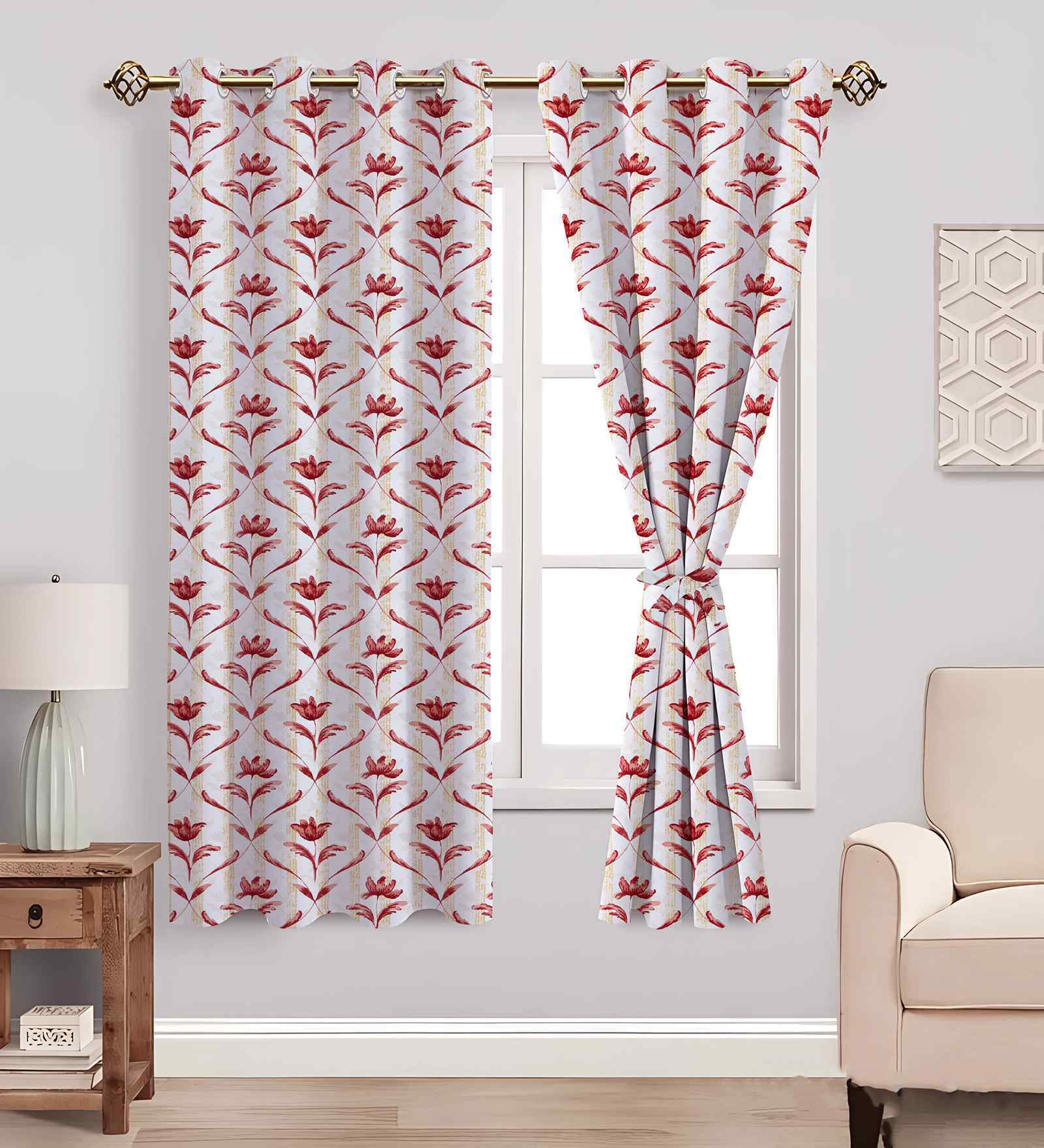 Maroon Cotton Leaf 5ft Semisheer Eyelet Window Curtain (2 Pc)