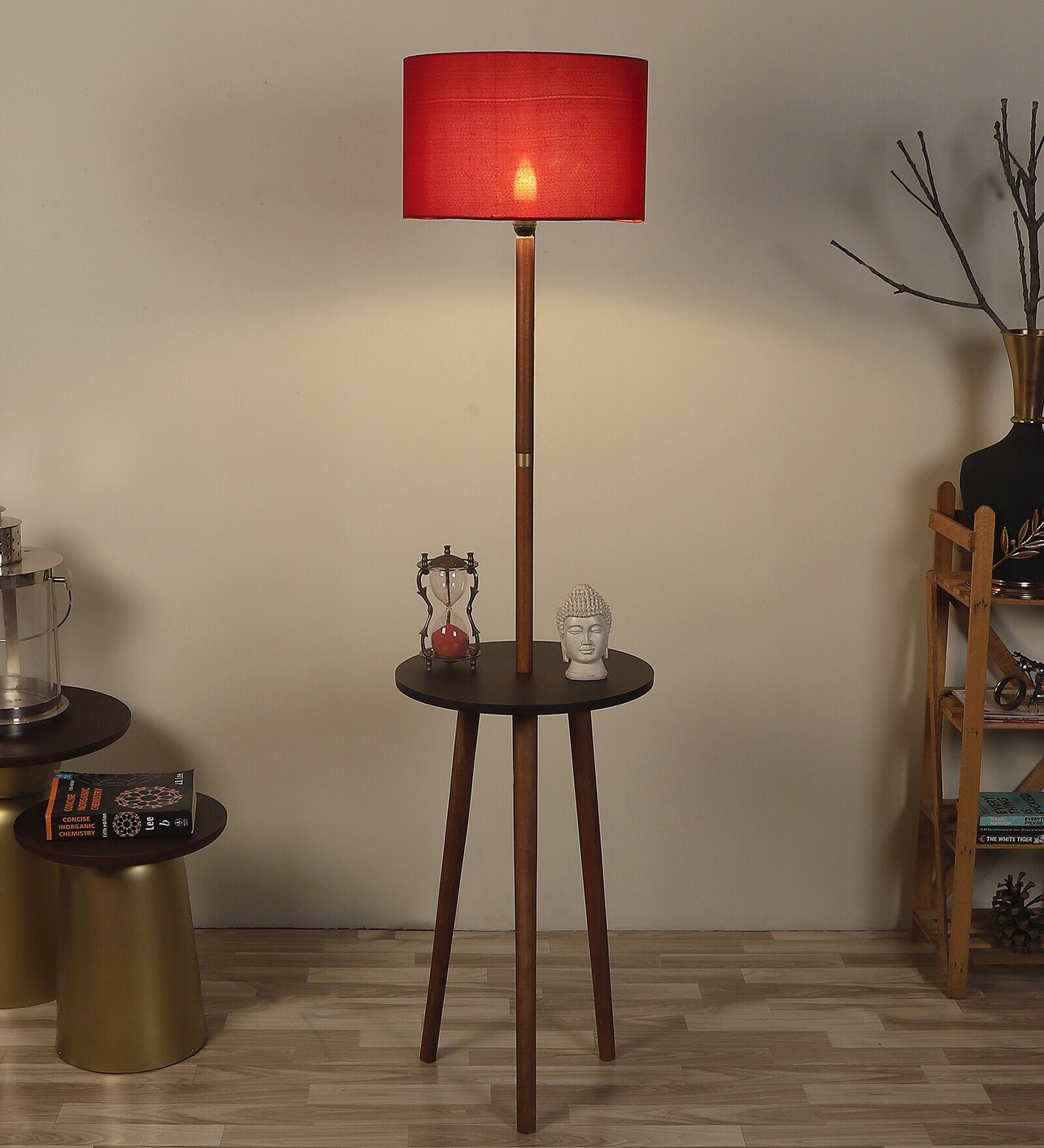 Royal Maroon Cotton Shade Shelf Floor Lamp With MDF Base