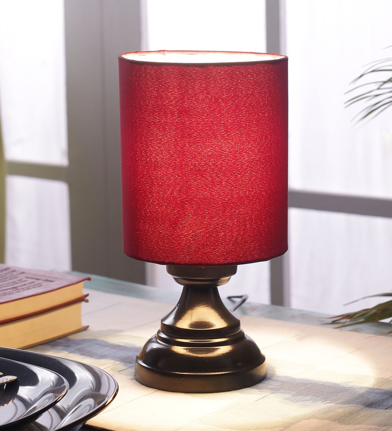 Potenza Maroon Fabric Shade Night Lamp With Metal Base, By Foziq