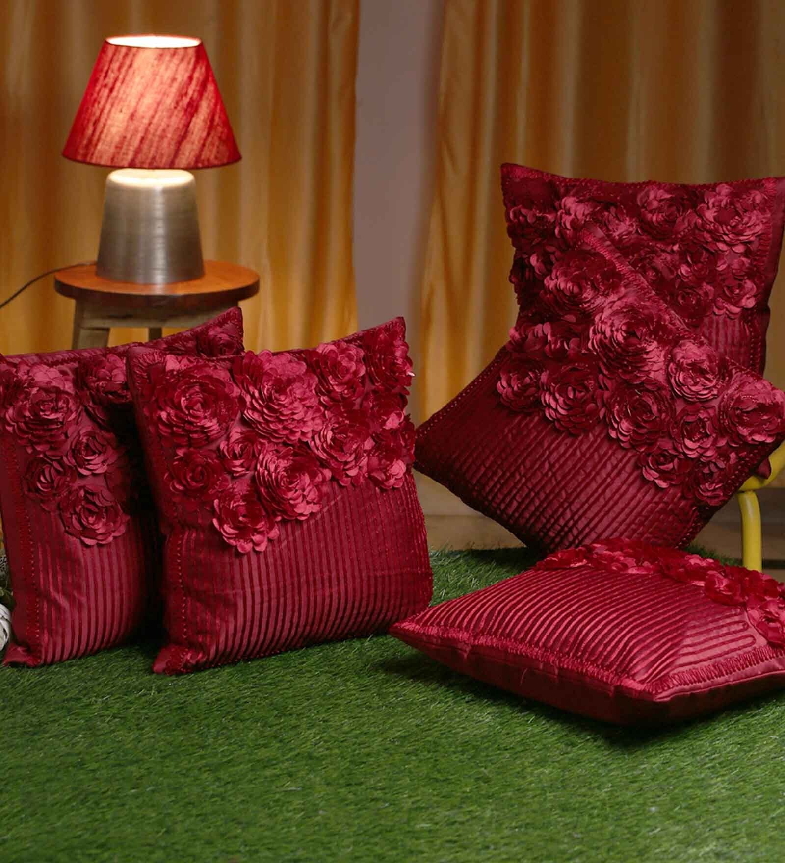Maroon Textured Polyester 16 x 16 Inch Embroidered Cushion Covers (Set of 5)