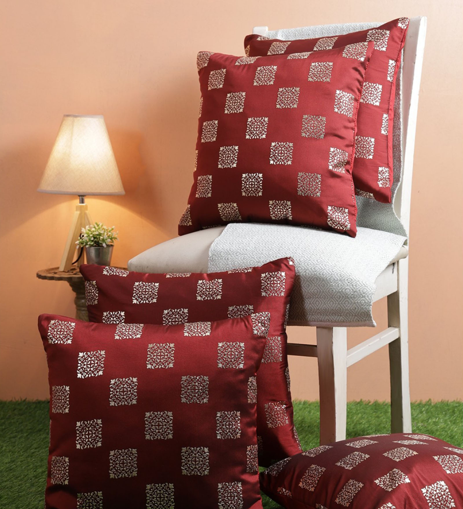 Maroon Ethnic Motifs Polyester 16 x 16 Inches Cushion Cover (Set of 5)