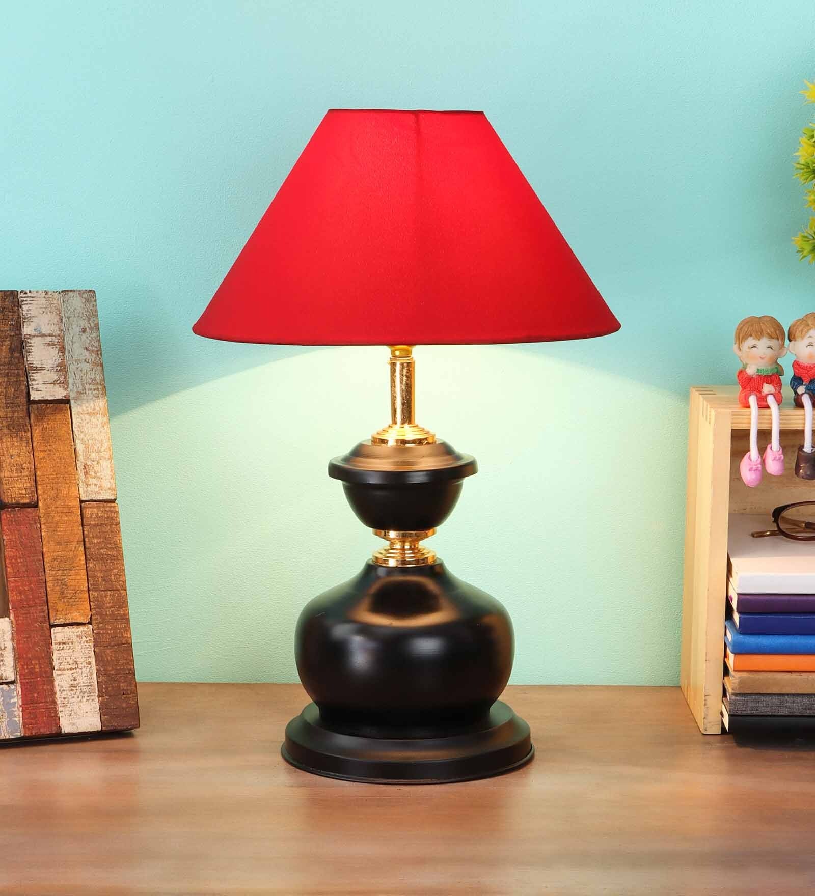 Maroon Fabric Shade Table Lamp with Black Base