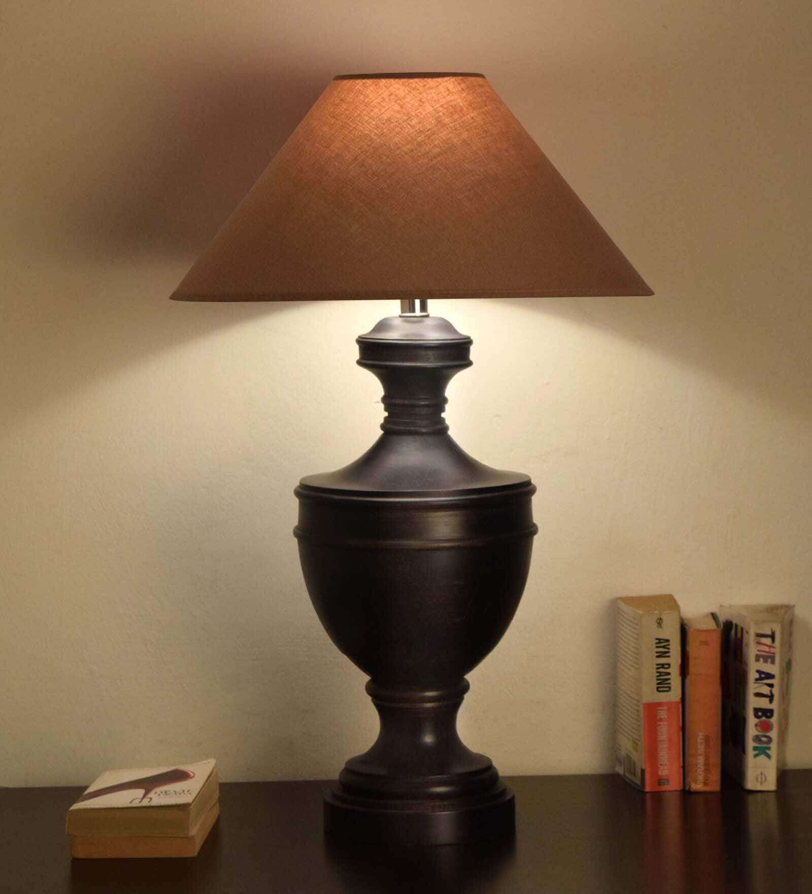 Maroon Fabric Shade Table Lamp with Wood Base