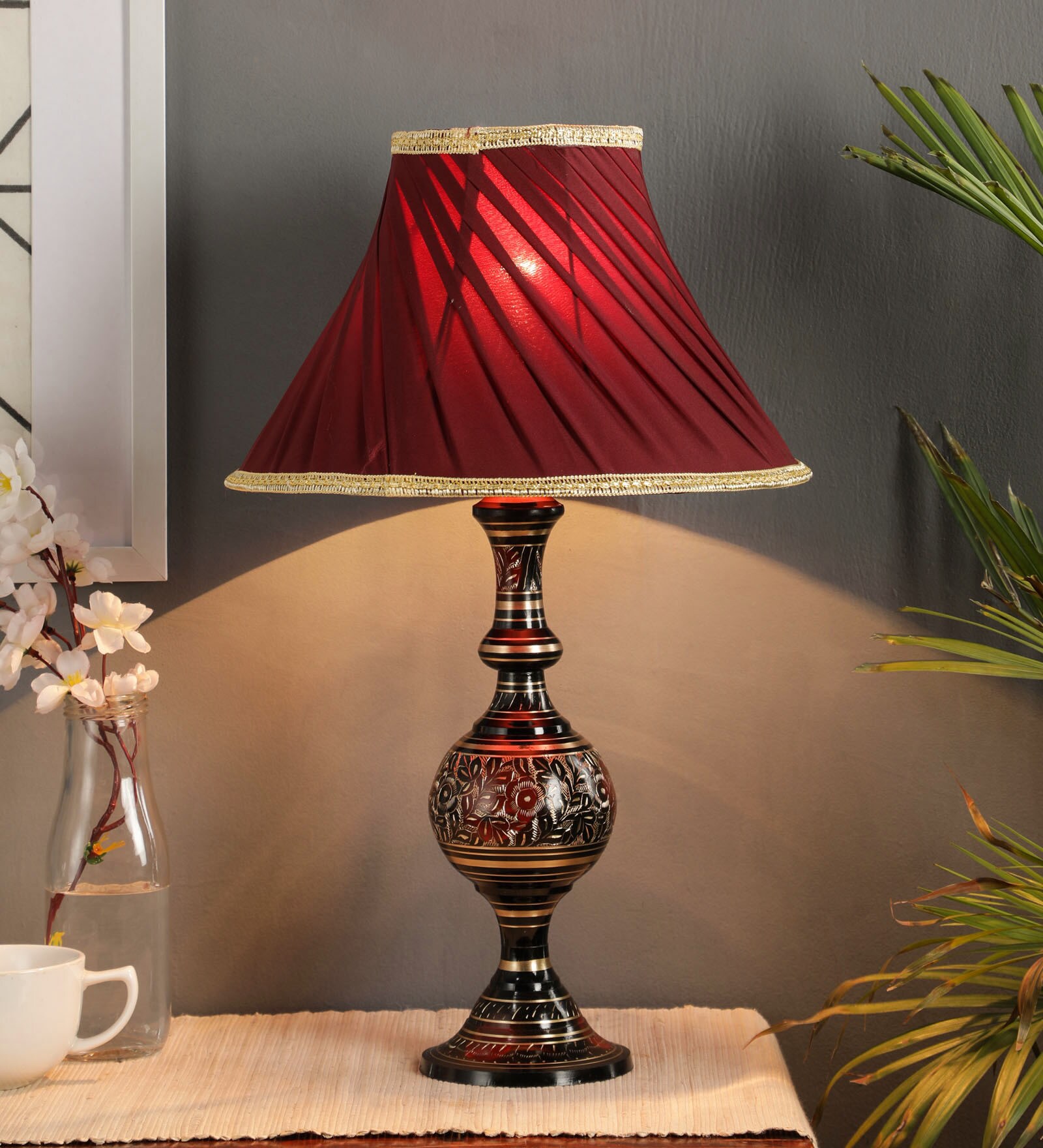 Emphasis Maroon Fabric Shade Table Lamp With Brass Base