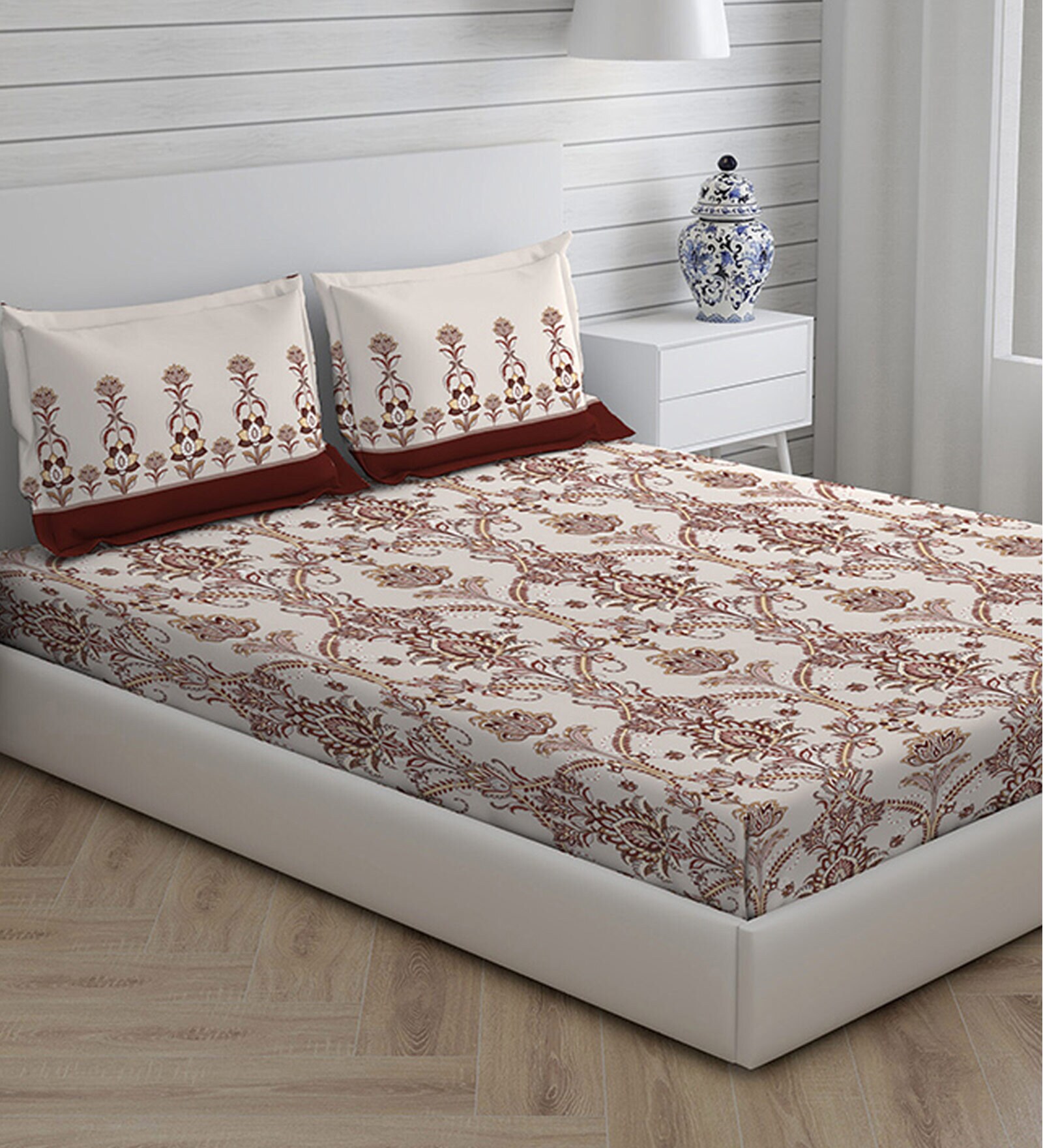 Maroon Floral 104 TC Cotton Queen Sized Bed Sheets with 2 Pillow Covers