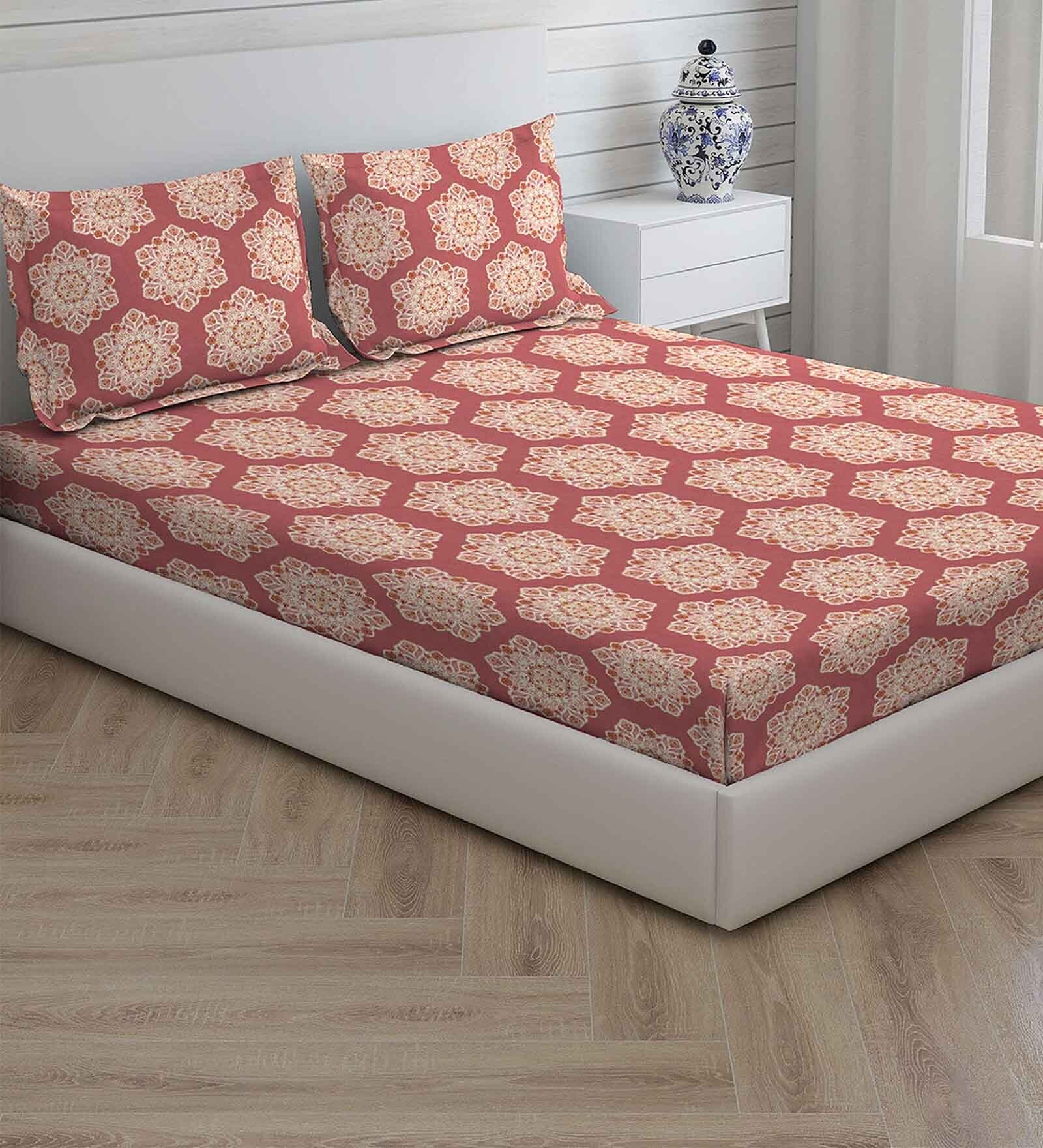 Maroon Traditional 144 TC Cotton King Sized Bed Sheets with 2 Pillow Covers