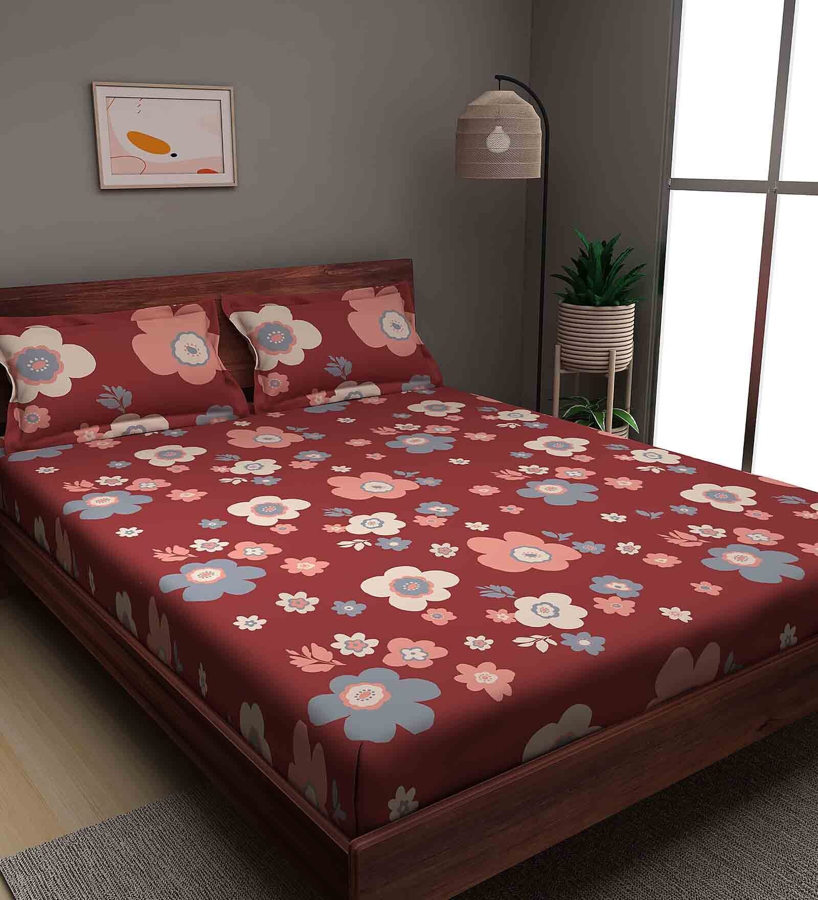 Maroon Floral 180 TC Cotton Queen Sized Bed Sheets with 2 Pillow Covers