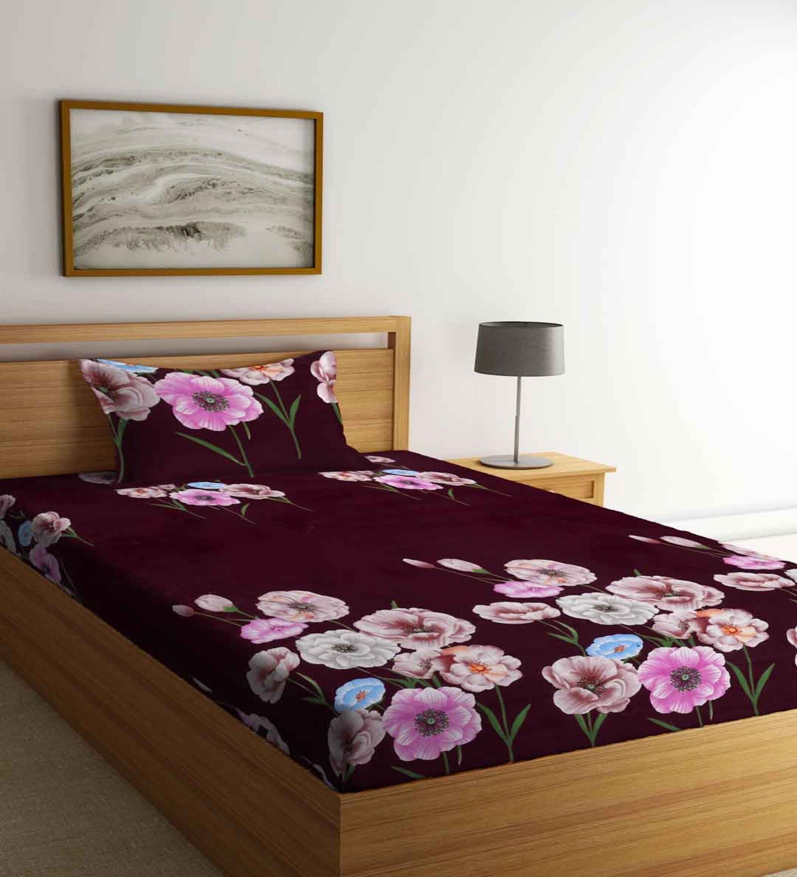 Buy Maroon Floral 210 Tc Poly Cotton Single Bed Sized Bed Sheets With 1 Pillow Cover By