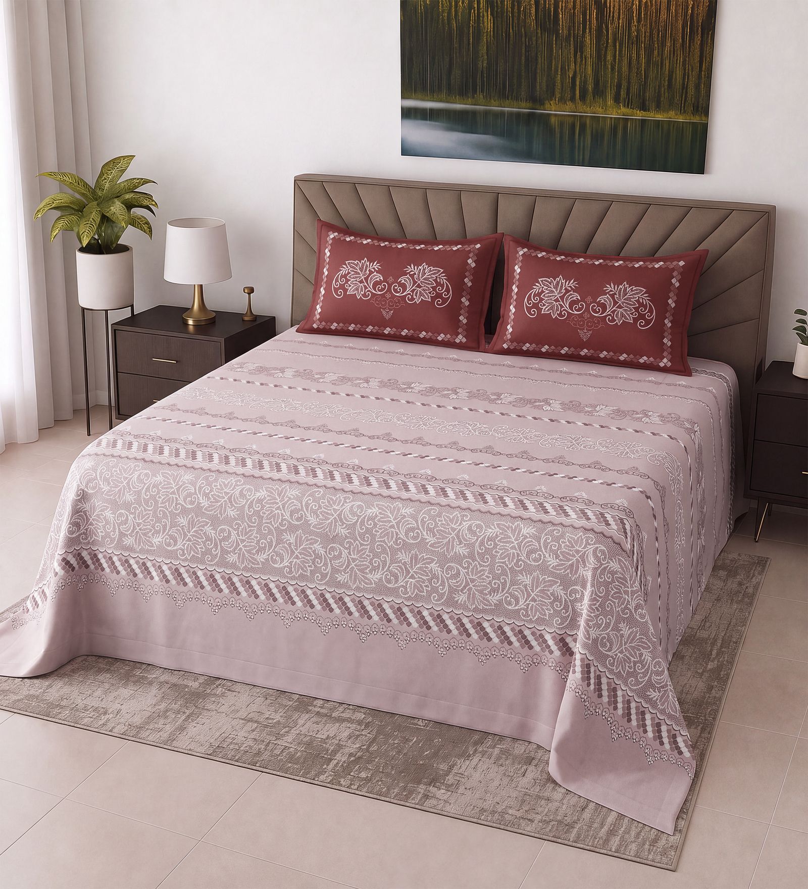 Maroon Floral 400 TC Super King Size Bedsheet with 2 Pillow Covers Luxury Series Collection