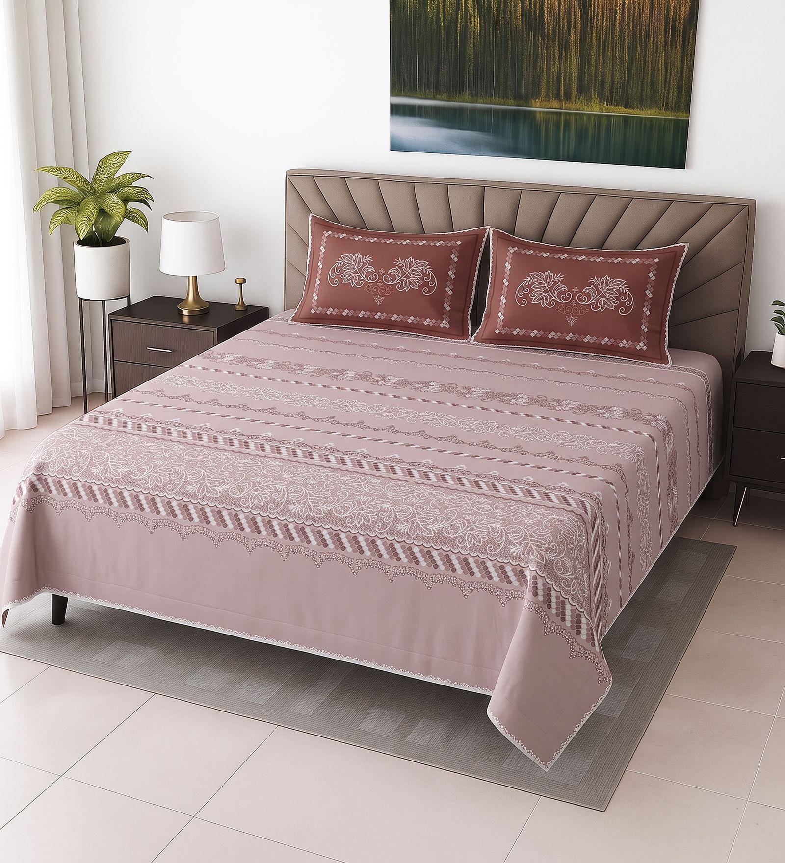 Maroon Floral 400 TC Super King Size Bedsheet with 2 Pillow Covers Luxury Series Collection