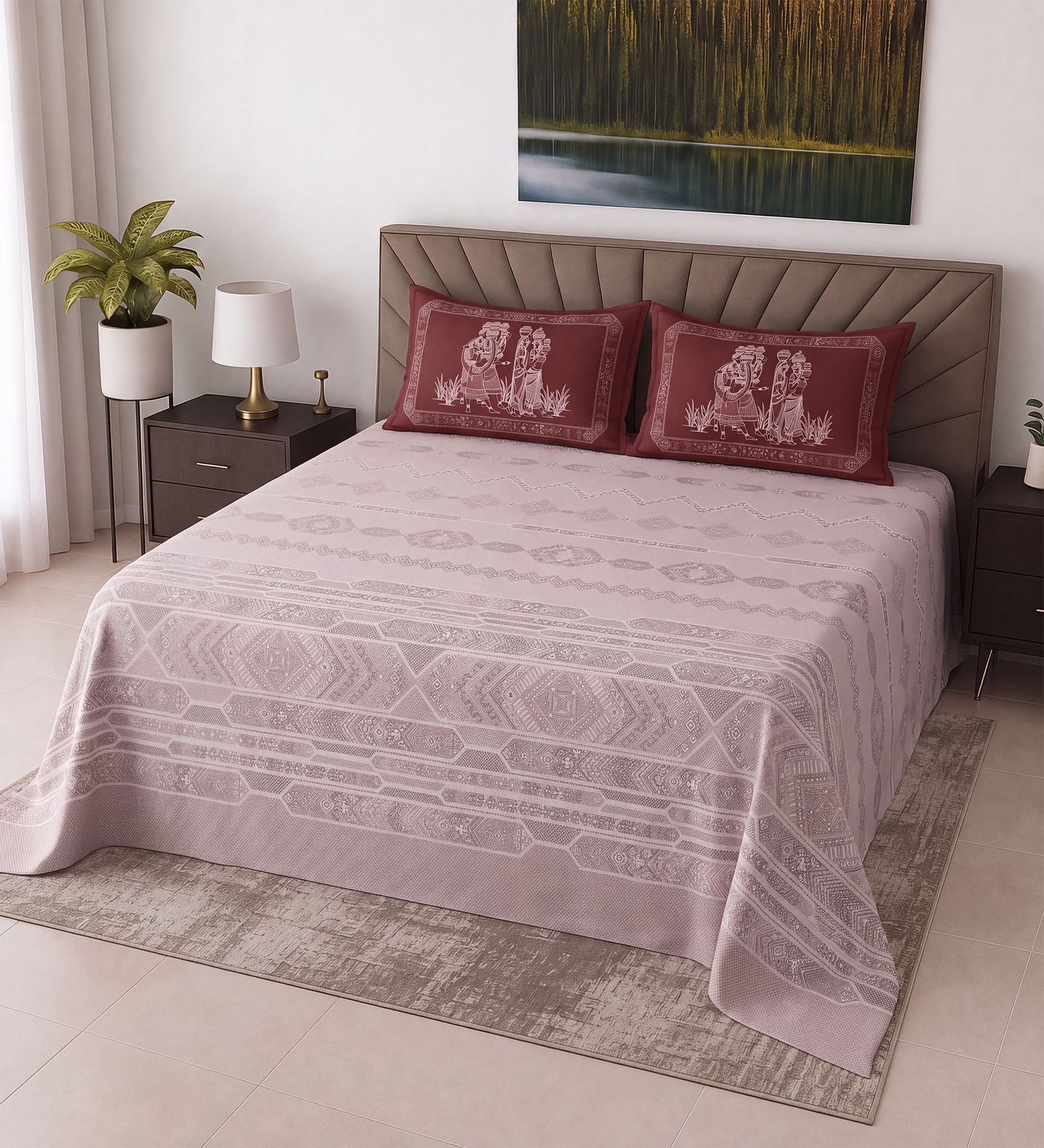 Maroon Floral 400 TC Super King Size Bedsheet with 2 Pillow Covers Luxury Series Collection