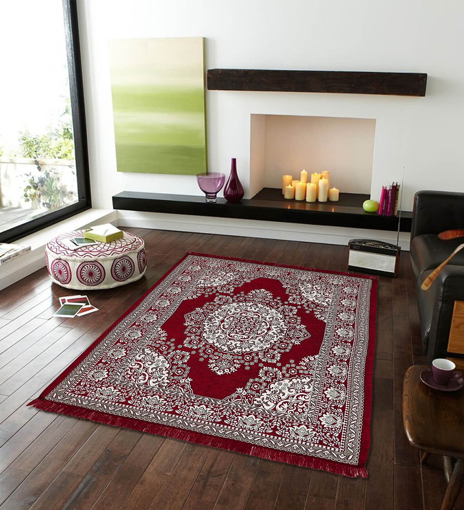 Maroon Floral Chenile 5 X 7 Feet Machine Made Carpet