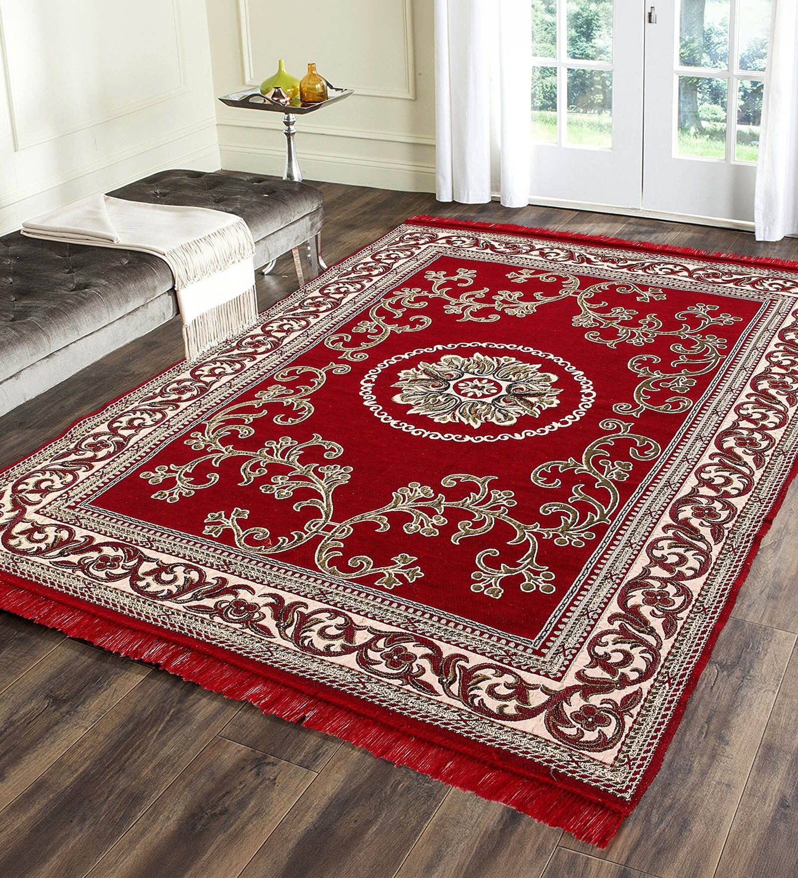 Maroon Floral Chenile 5 X 7 Feet Machine Made Carpet