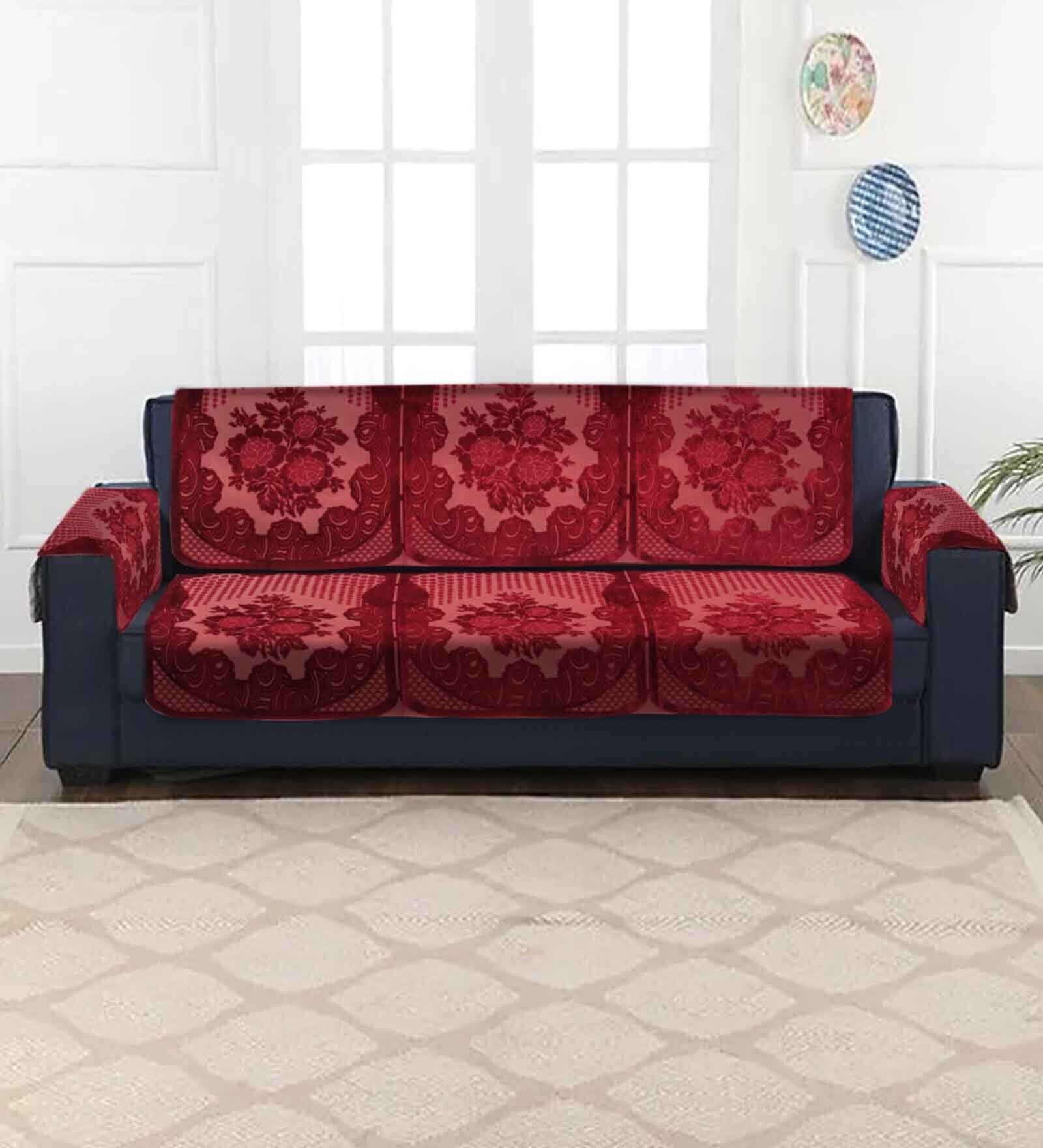 Buy Maroon Floral Velvet 30x70 Inches 5 Seater Sofa Cover (Set of 6) by