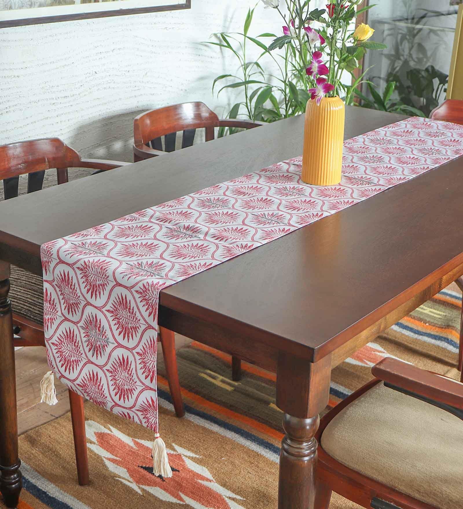 Maroon Floral Polycanvas (12 x84) Hand Embroidery and Tassels Table Runner