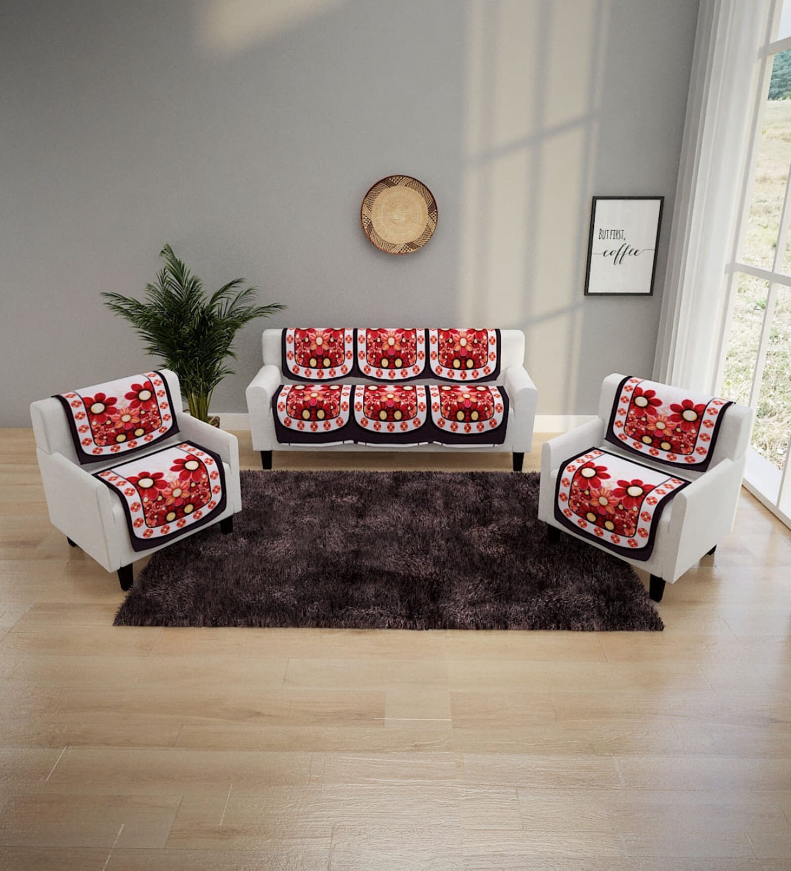 Maroon Floral Polyester 5 Seater Sofa Cover