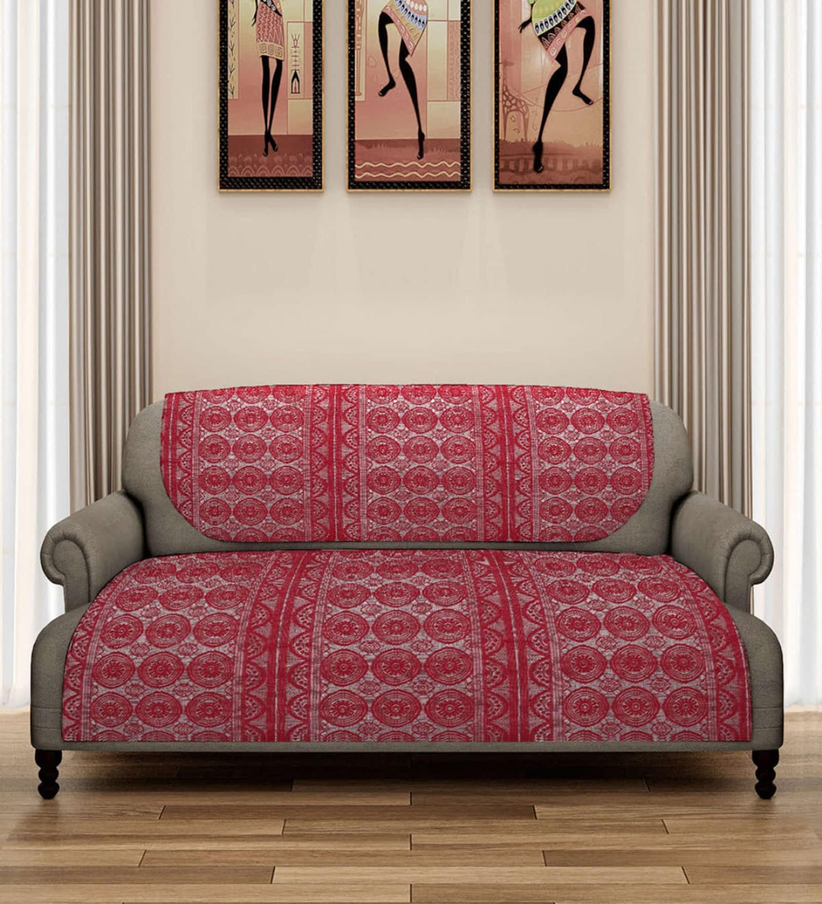 Maroon Floral Polyester Net 5 Seater Sofa Cover