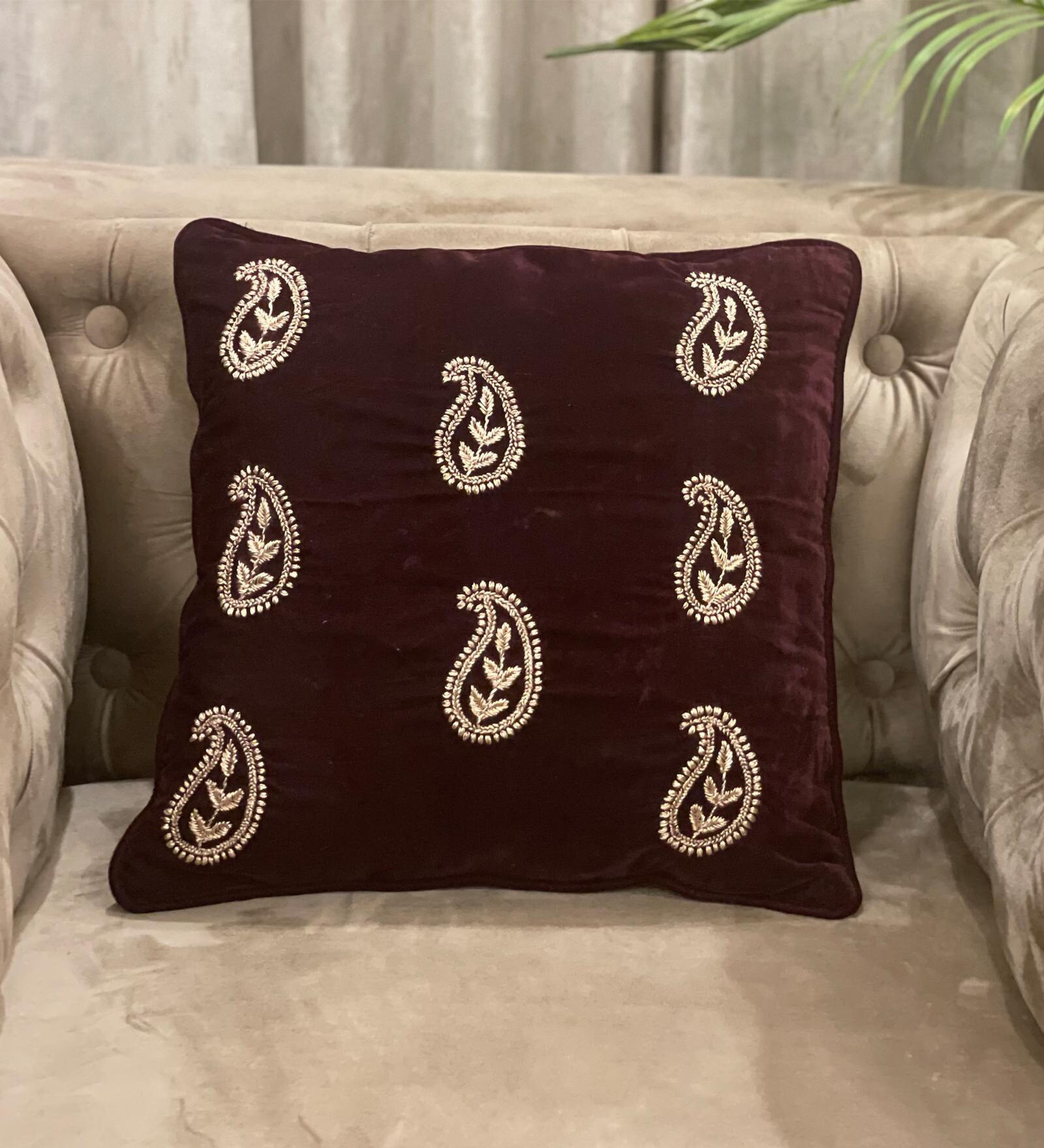 Maroon Traditional Velvet & Cotton 16 x 16 Inches Cushion Cover