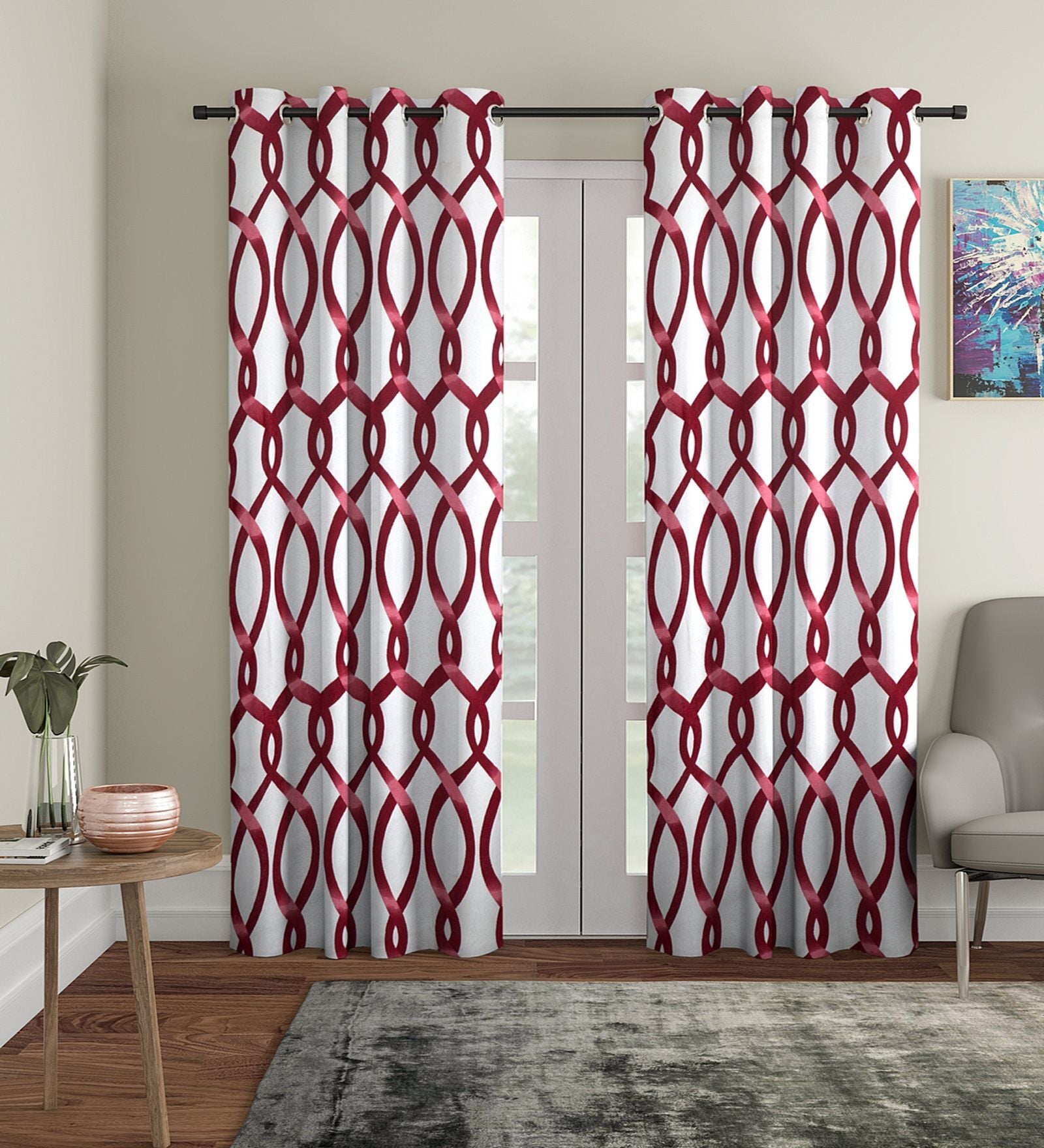 Maroon Floral Polyester 9Ft Semisheer Eyelet Door Curtains (Set Of 2)