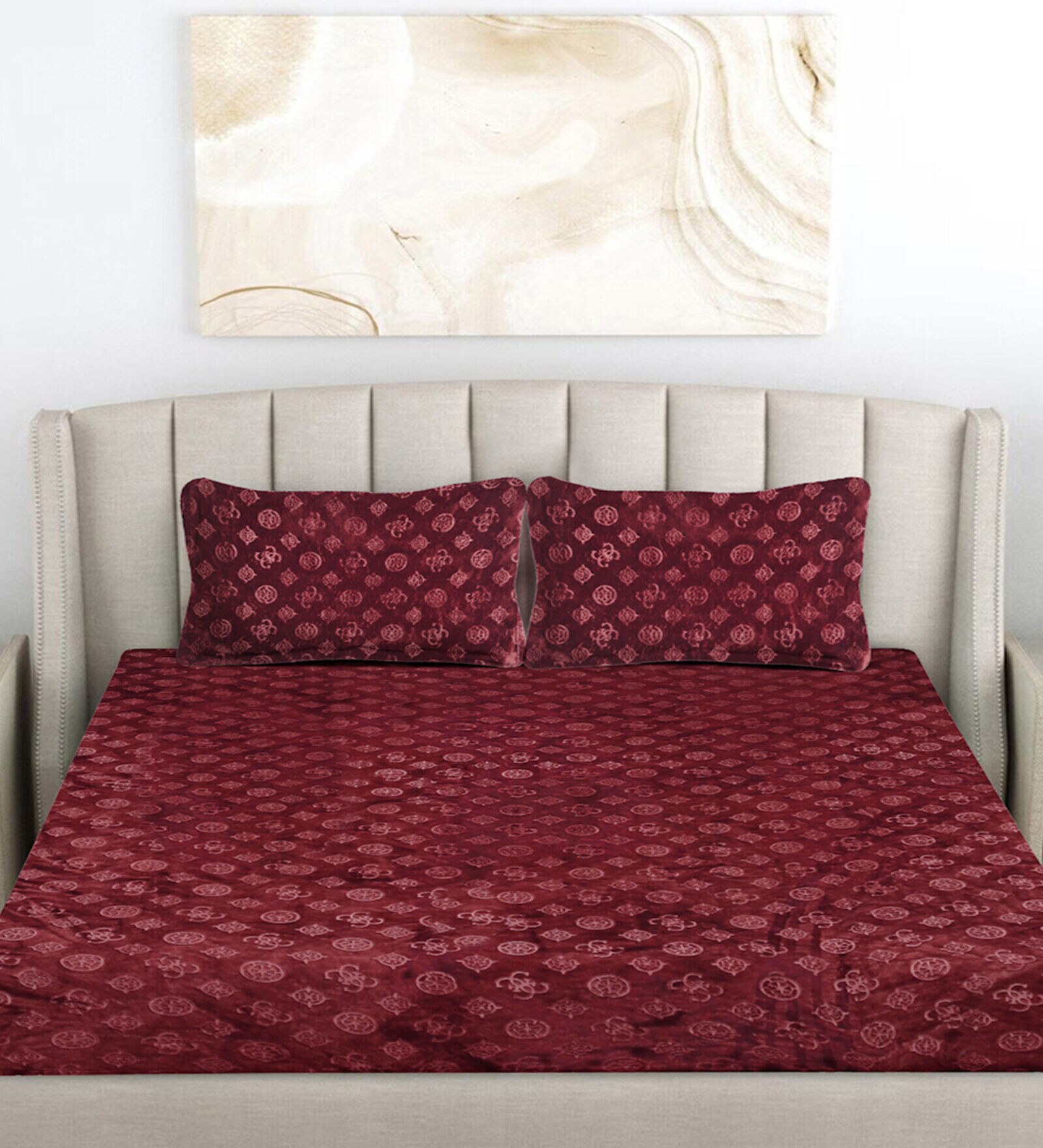 Buy Maroon Geometric 300 TC Woollen Woollen Fitted Double Bedsheet with