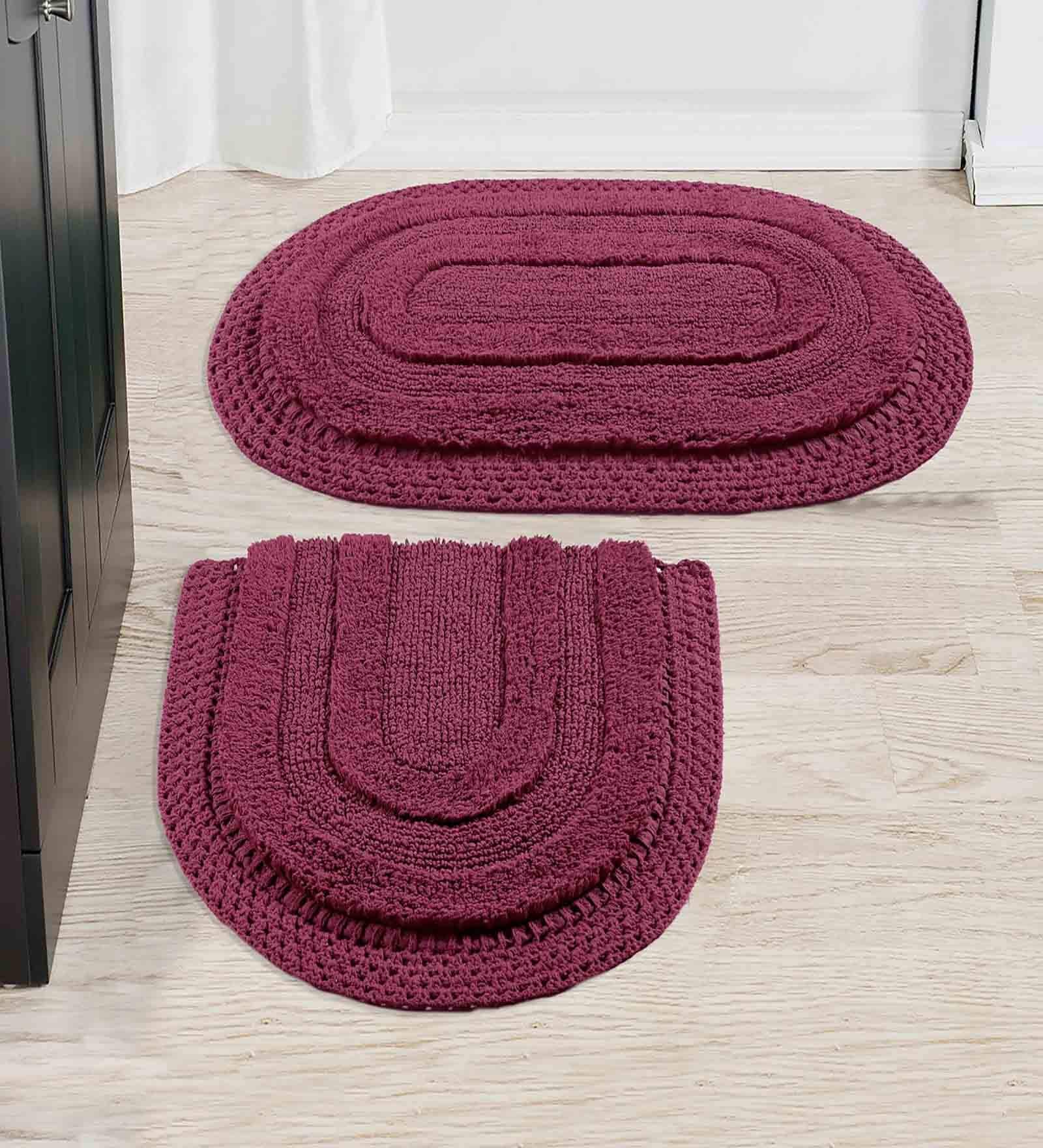 Maroon Geometric Cotton 19x27 Inches AntiSkid (Set of 2) Bath Mats