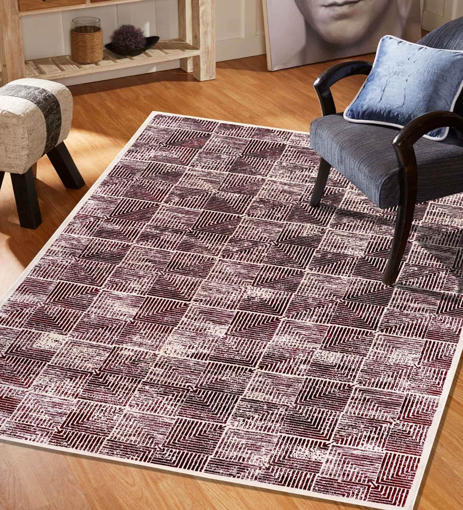 Maroon Geometric Nylon 3 ft x 5 ft Machine Made Carpet