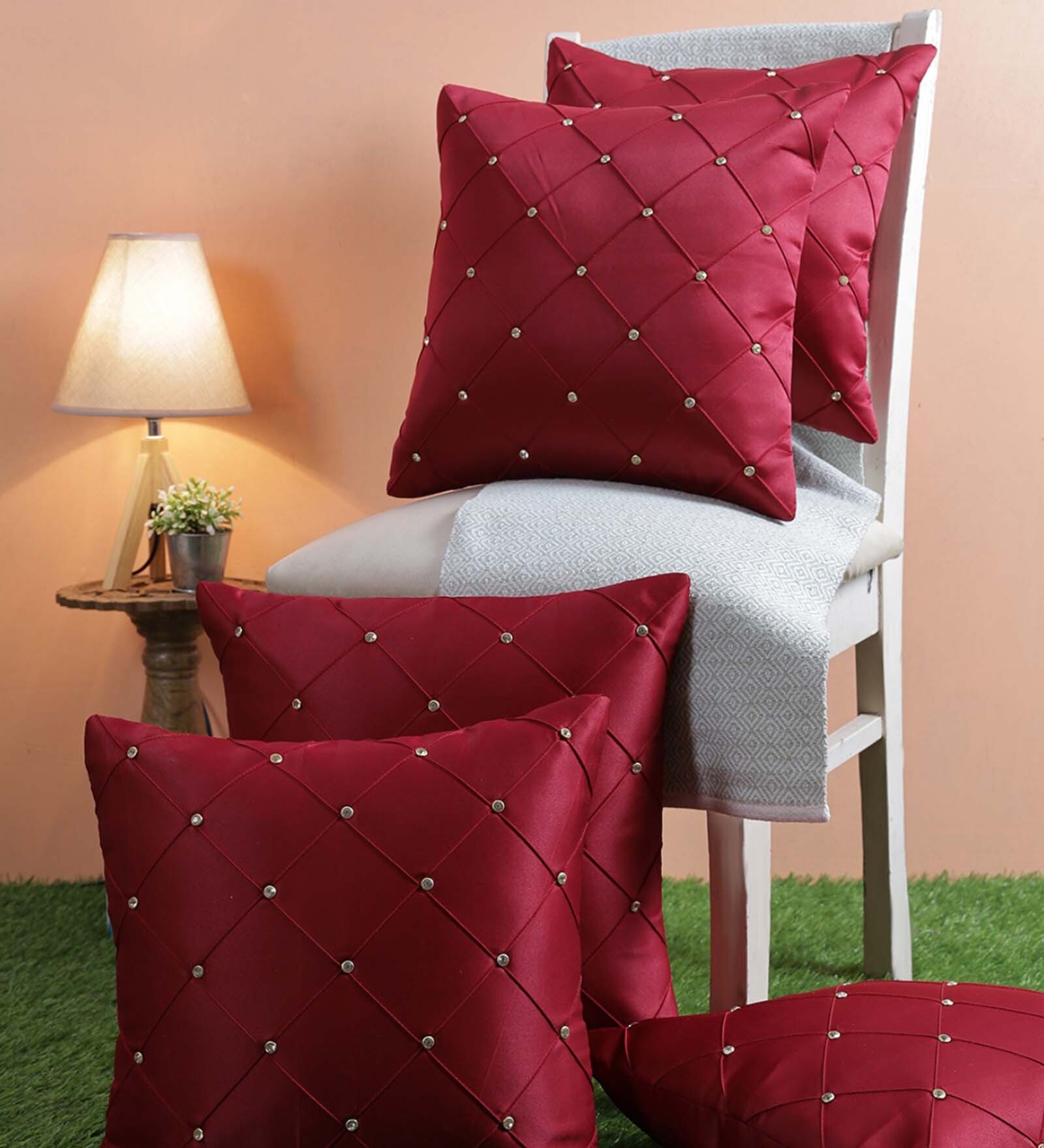Maroon Polyester Geometric 16x16 inches Cushion Cover (5Pc)