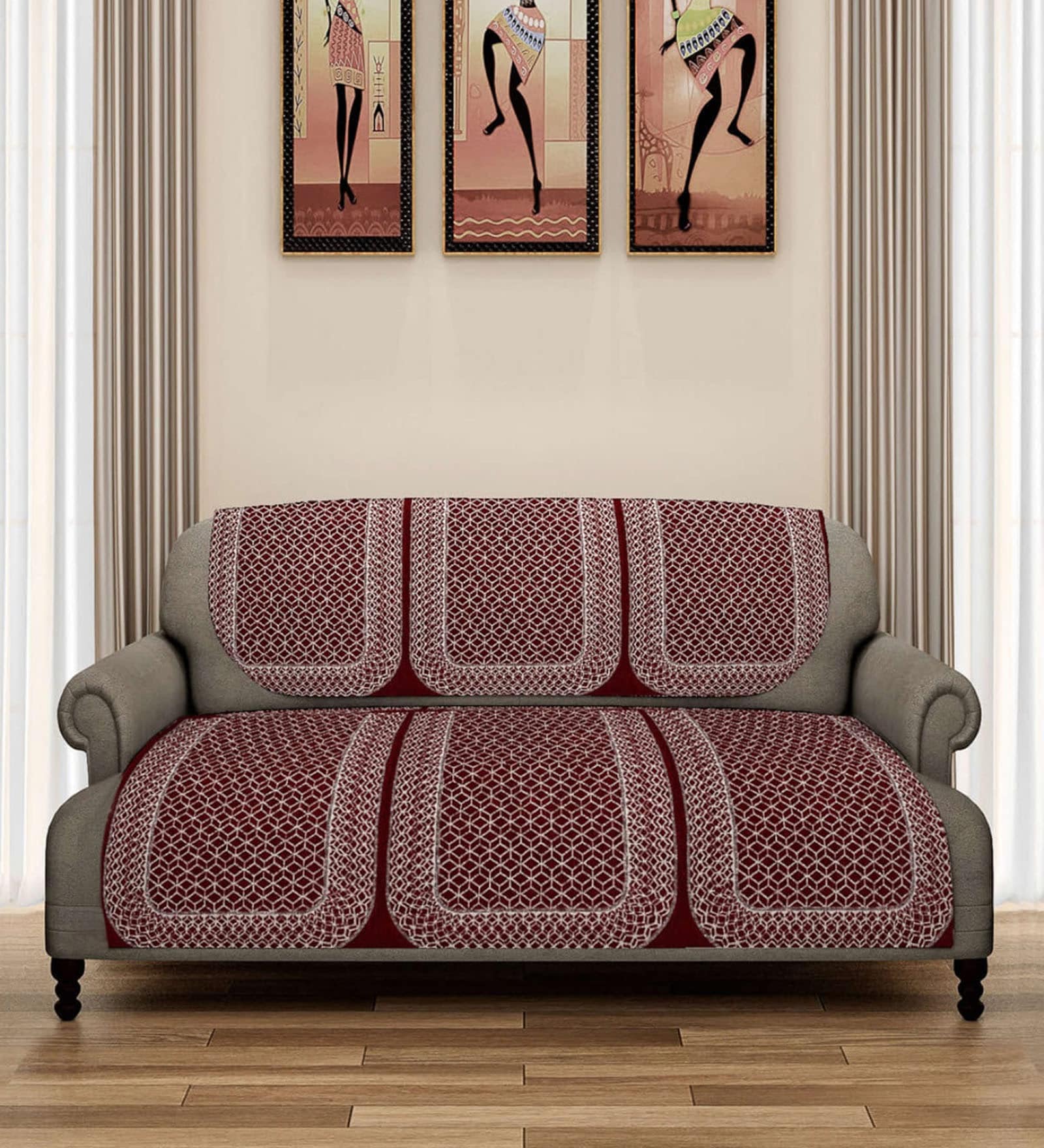 Maroon Geometric Polyester 5 Seater Sofa Cover