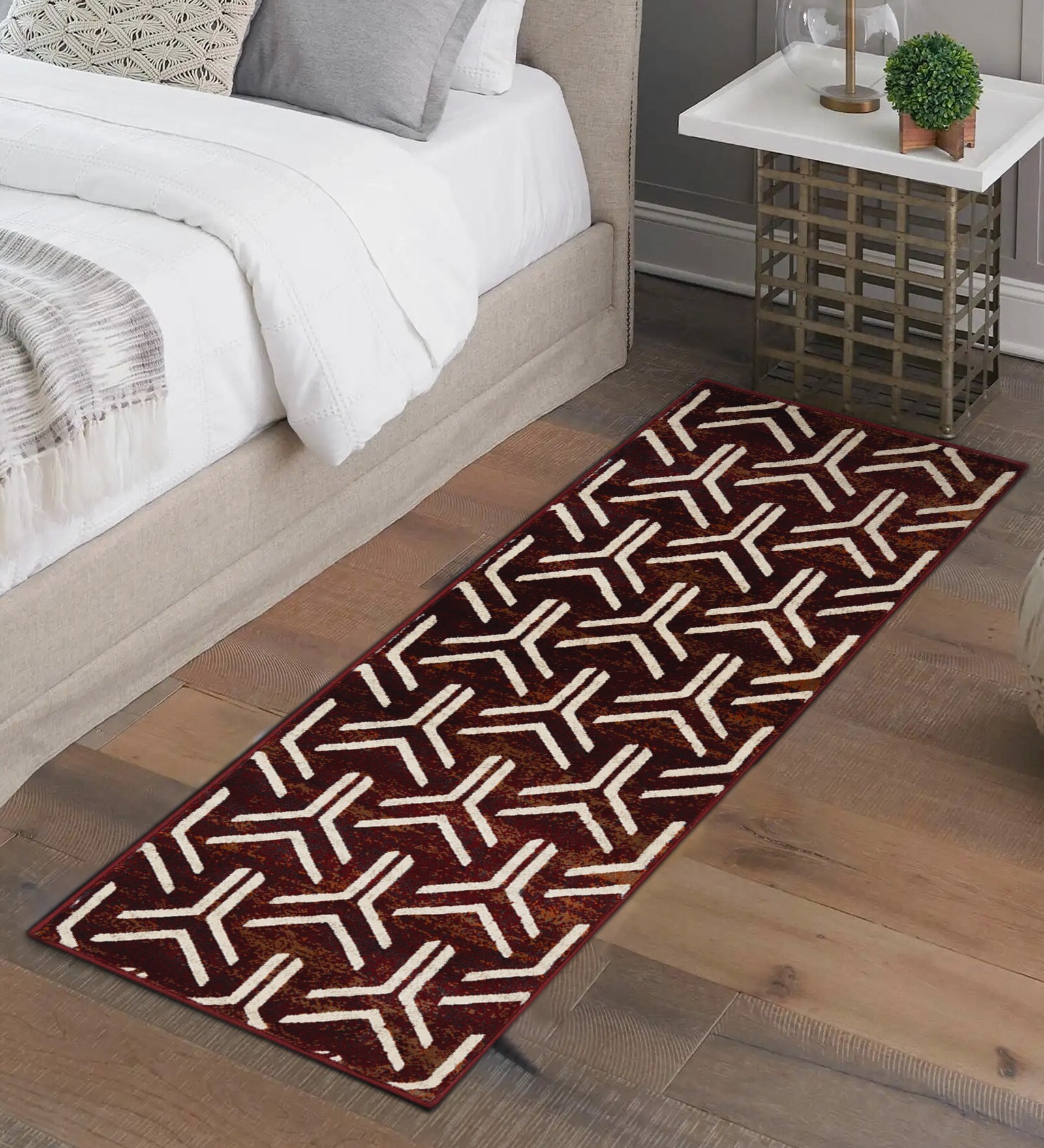 Maroon Geometric Polypropylene 2 x 5 Feet Machine Made Runner