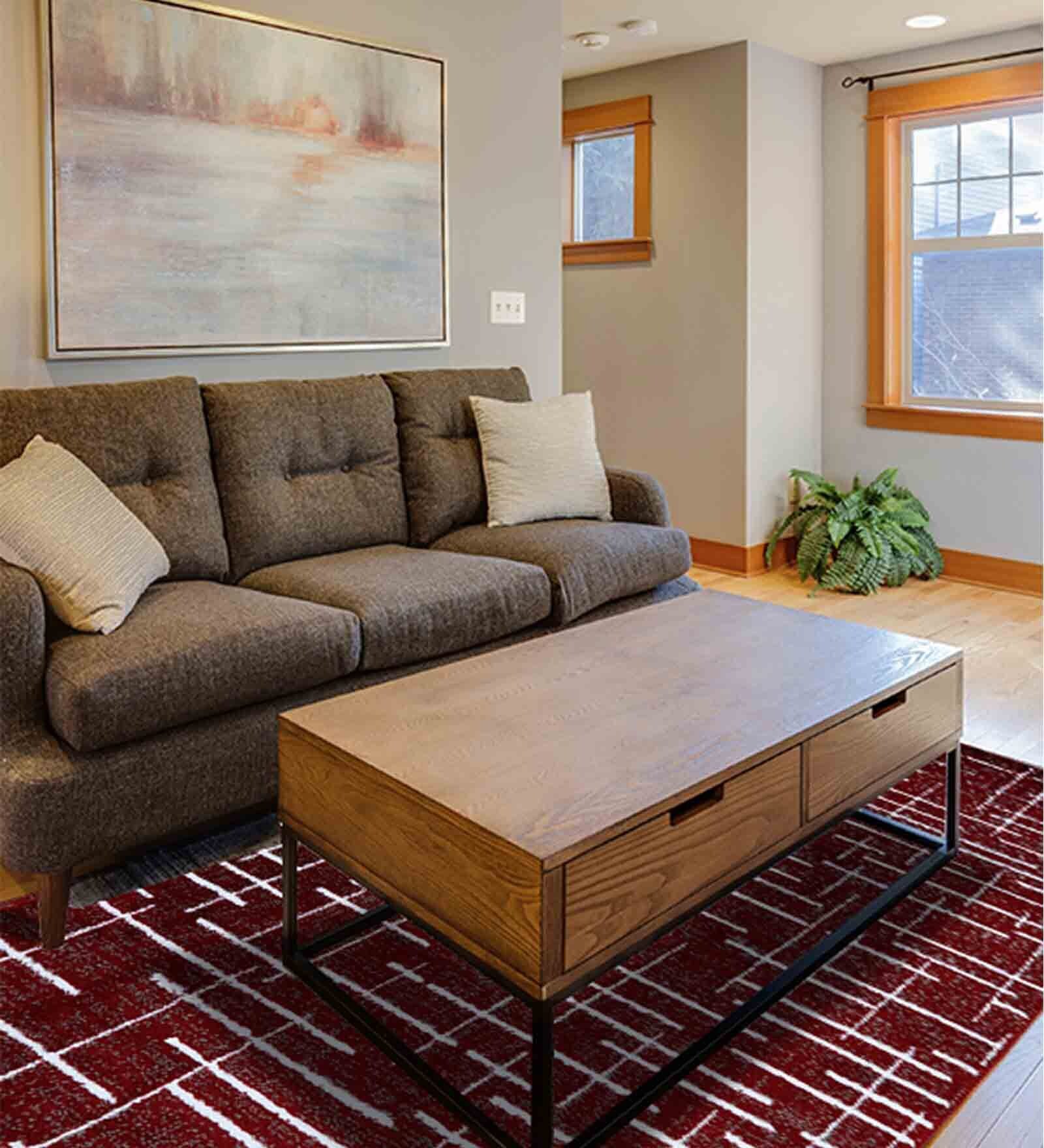 Maroon Geometrical Polyester 4 ft X 6 ft Machine Made Carpet