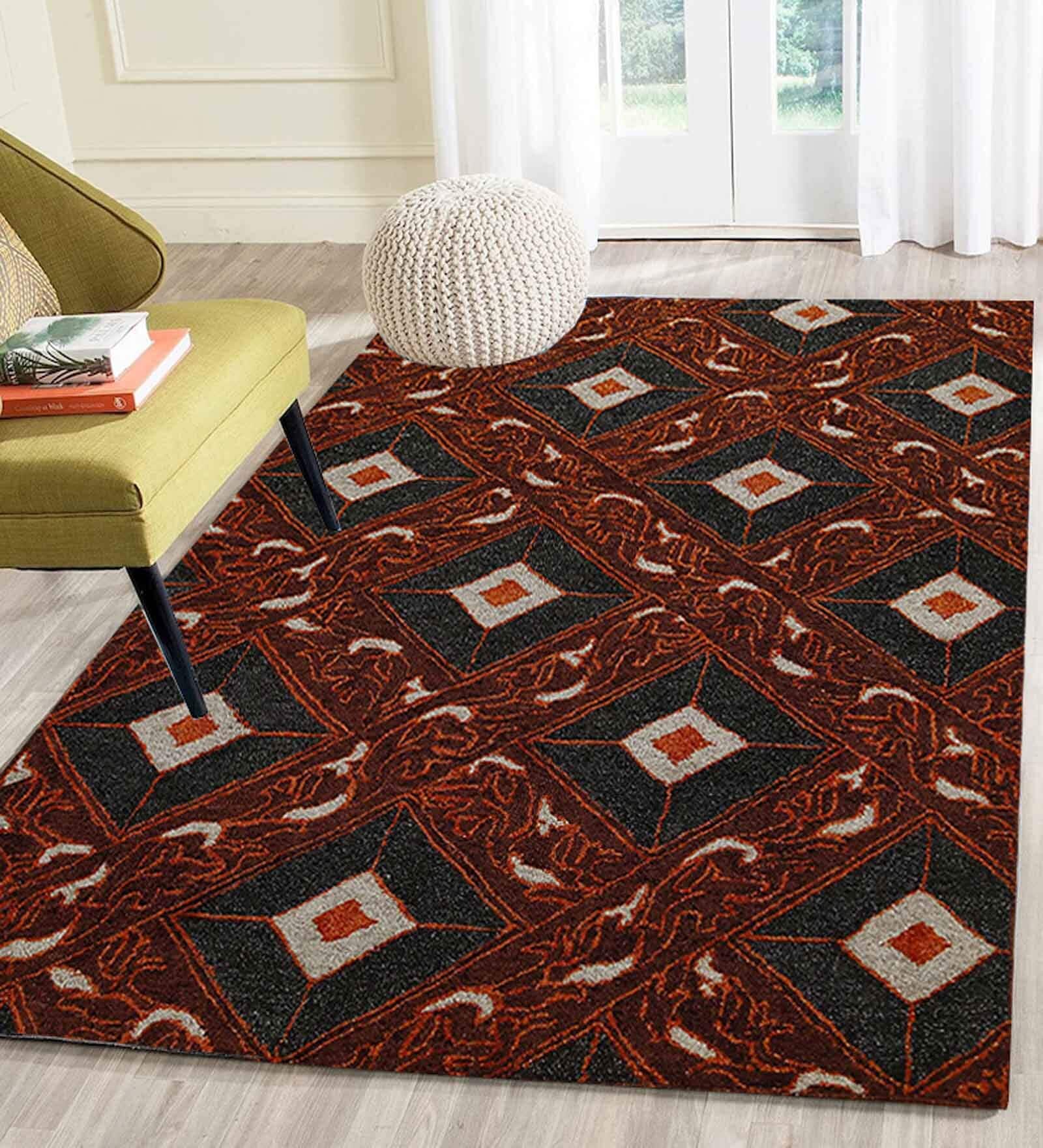 Maroon Geometrical Wool 5 ft x 7 ft Hand Tufted Carpet