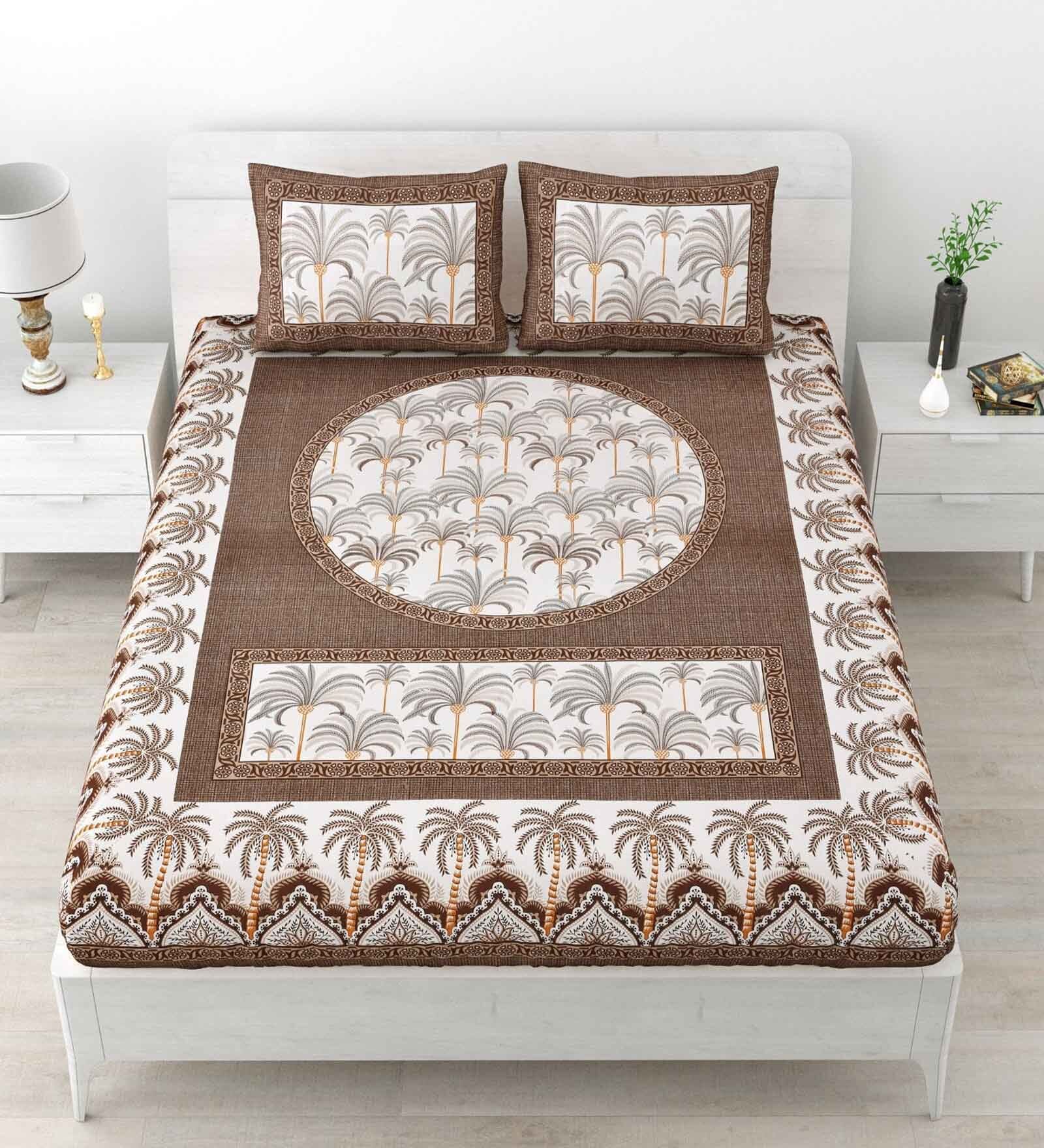 Brown Floral 120 TC Cotton Queen Sized Bedsheet with 2 Pillow Cover