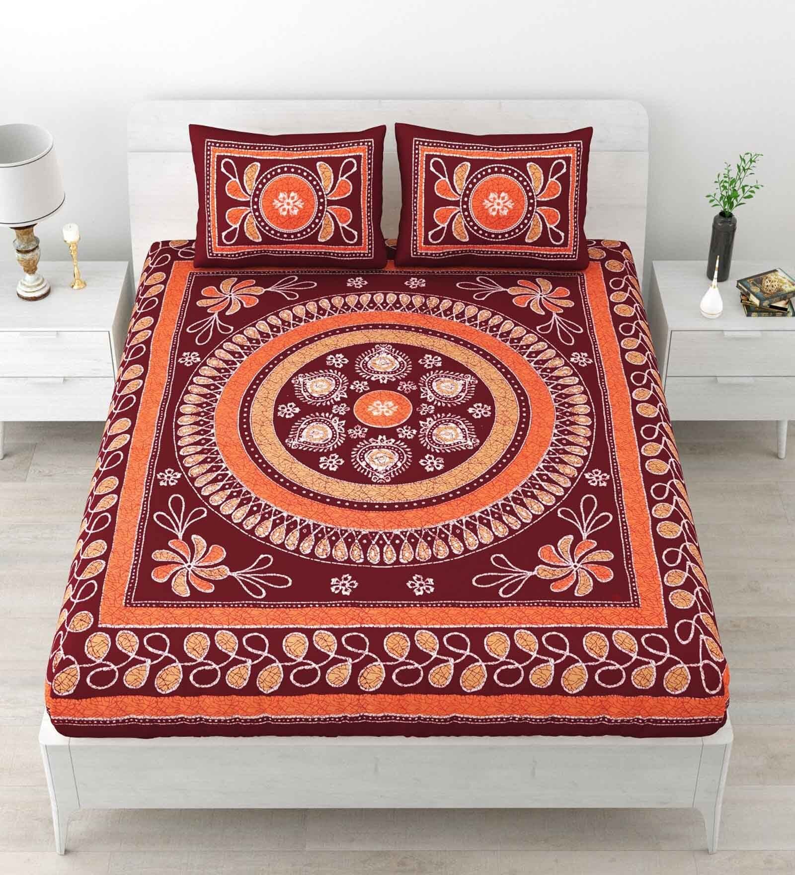 Maroon Traditional 120 TC Cotton Queen Sized Bedsheet with 2 Pillow Cover
