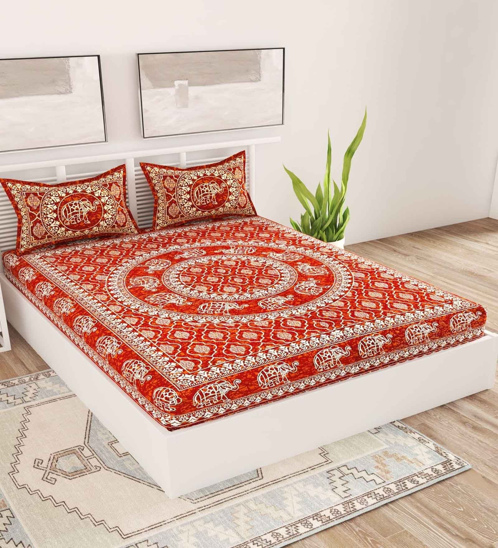 Maroon Traditional 120 TC Cotton Queen Sized Bedsheet with 2 Pillow Cover