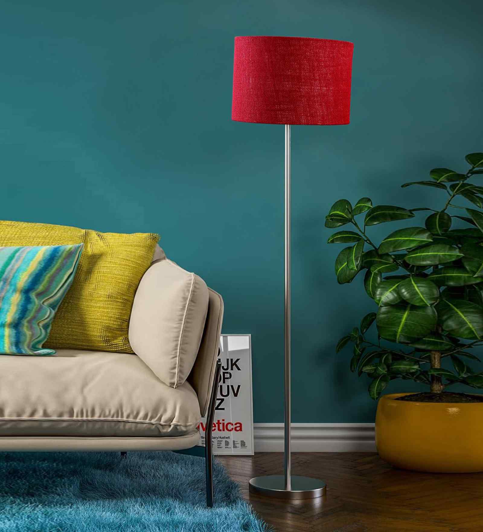 Maroon Jute Drum Shade Steel Floor Lamp Steel Base