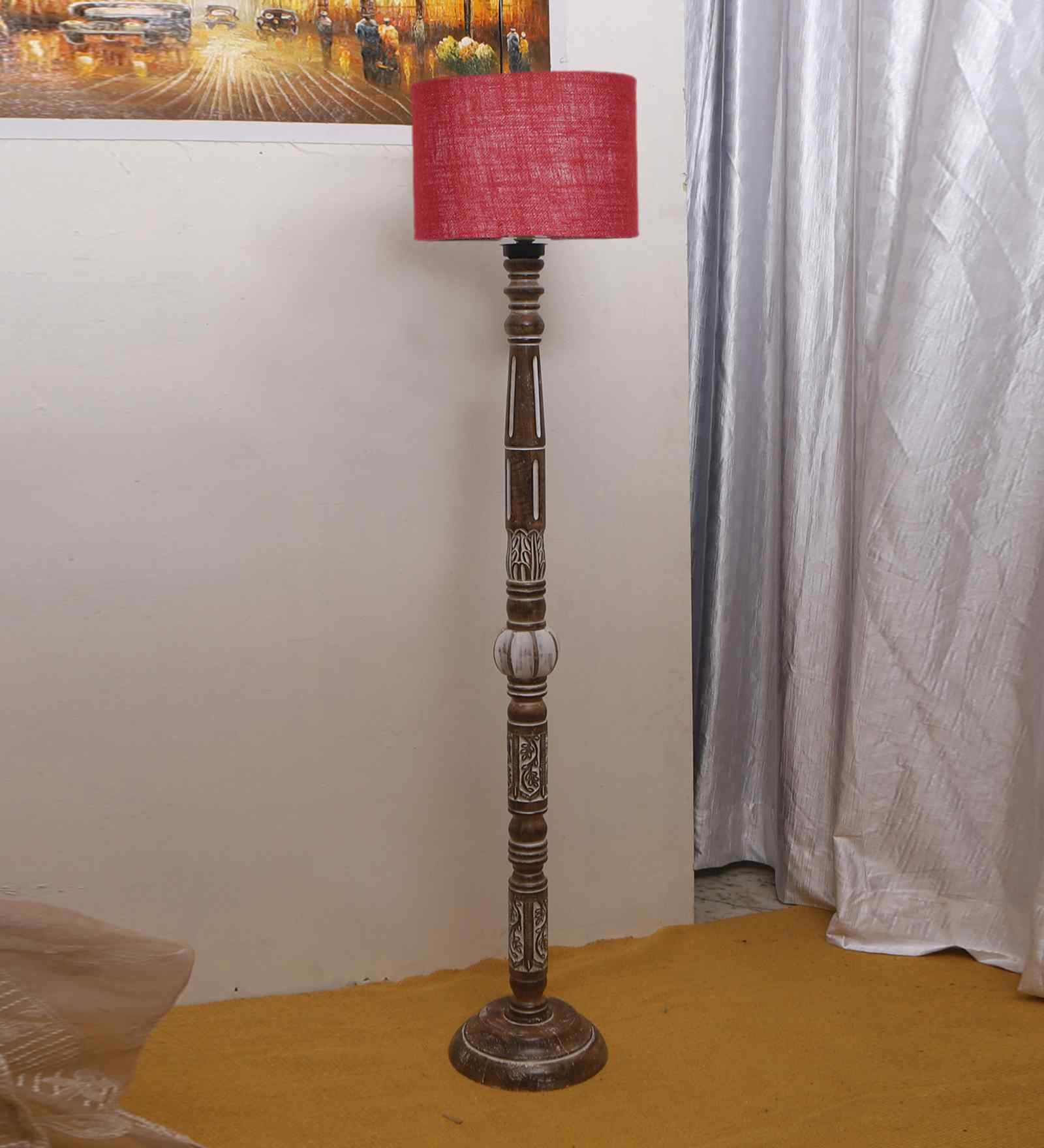 Maroon Jute Wooden Floor Lamp